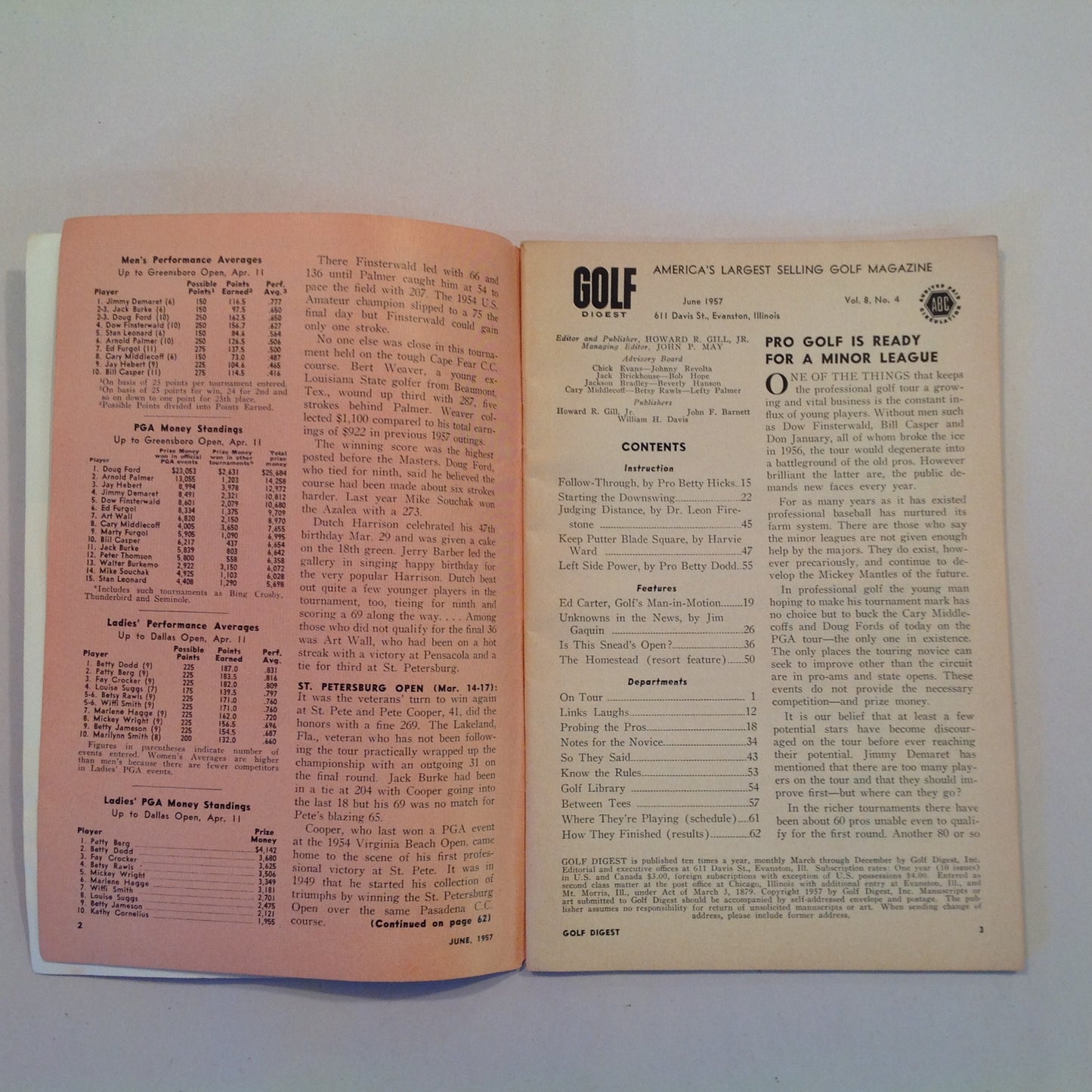 Vintage June 1957 GOLF DIGEST Magazine Doug Ford Sam Snead Betty Hicks