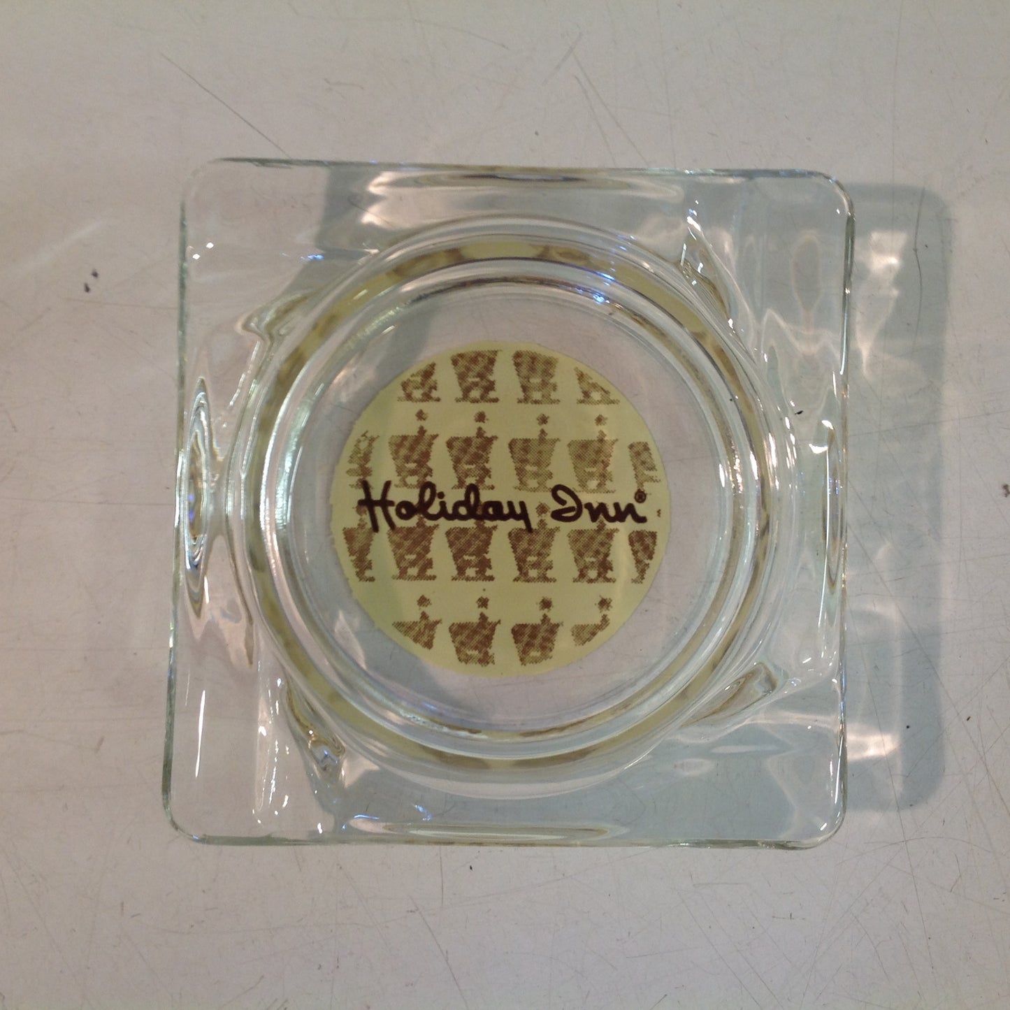 Vintage 1970's Holiday Inn Hotel Motel Clear Glass Ash Tray Beige Silhouette Logo