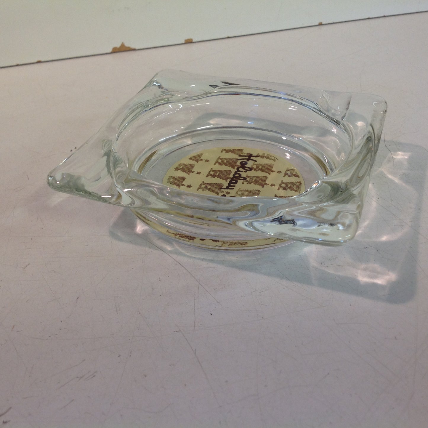 Vintage 1970's Holiday Inn Hotel Motel Clear Glass Ash Tray Beige Silhouette Logo