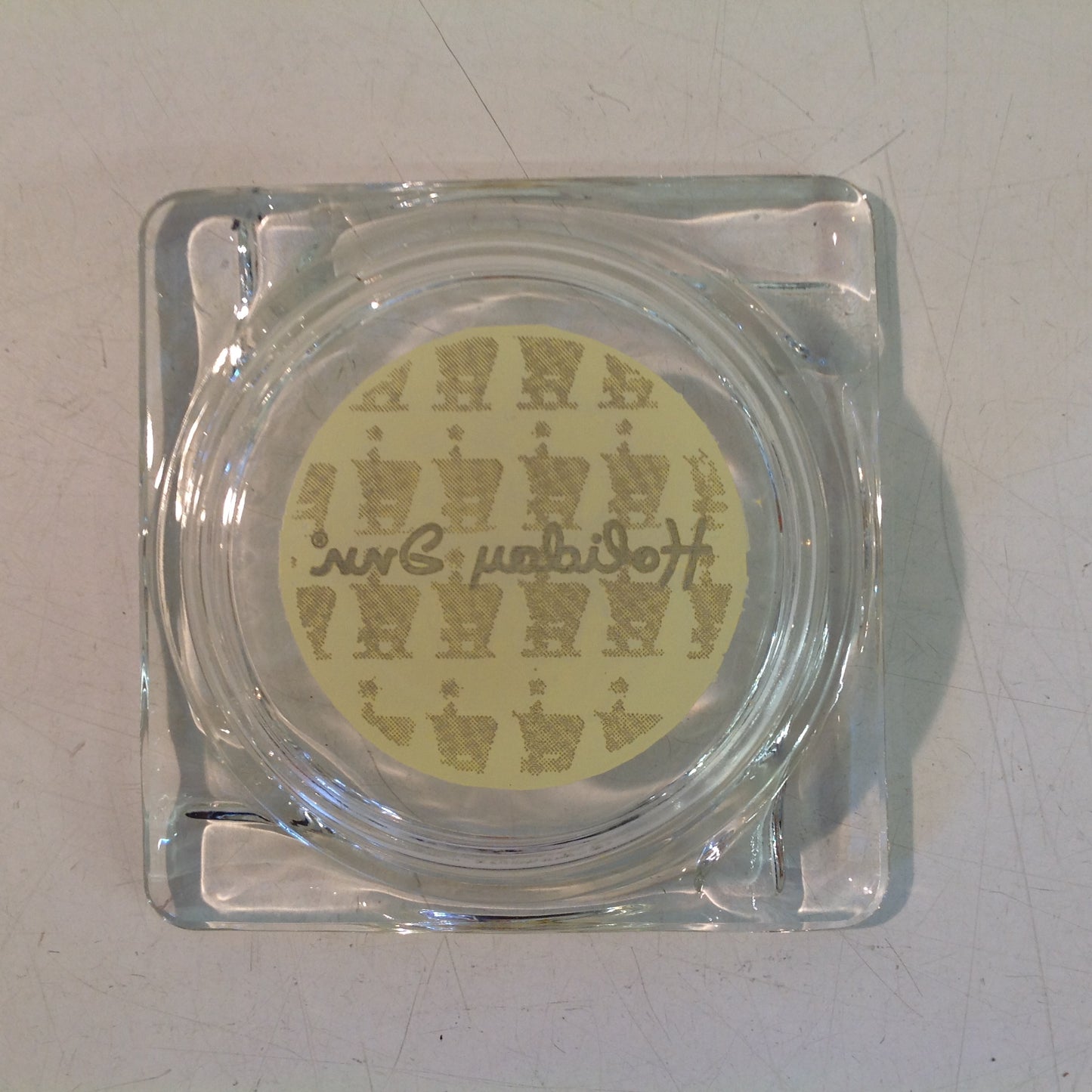 Vintage 1970's Holiday Inn Hotel Motel Clear Glass Ash Tray Beige Silhouette Logo