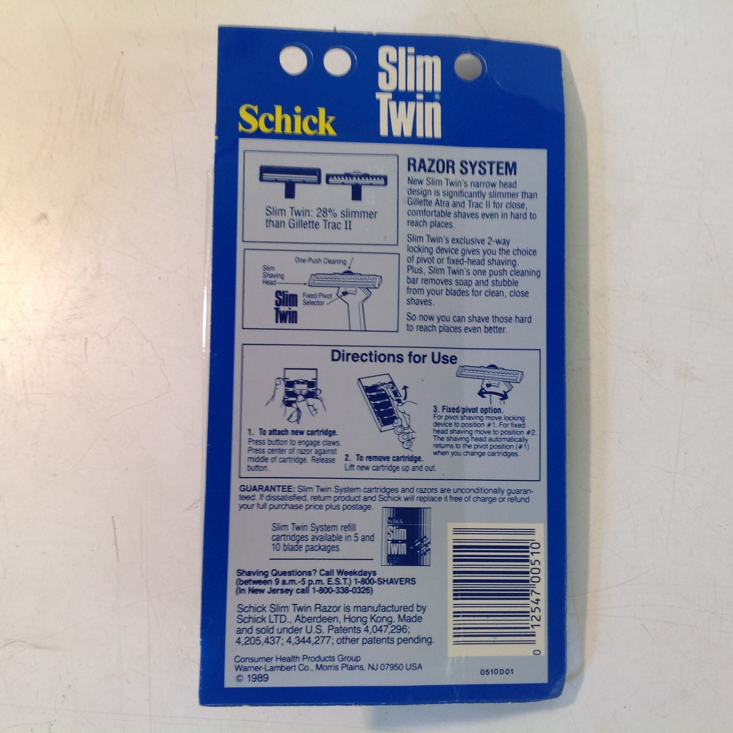 Vintage 1989 NOS Shick Slim Twin Razor System Razor and Two Twin-Blade Cartridges Unopened