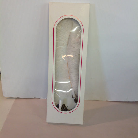 Vintage White Feather Quill Pen Set with Octagonal Brass Filigree Base in Box