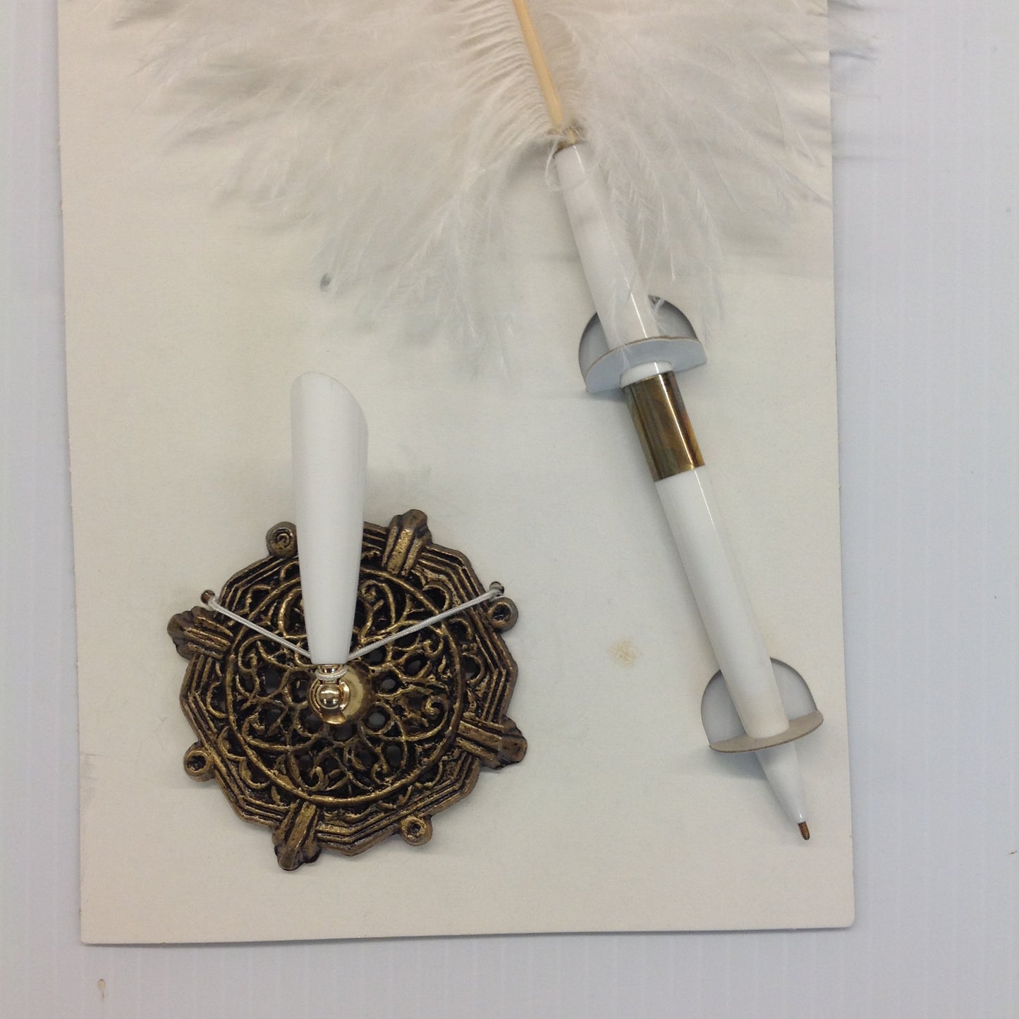 Vintage White Feather Quill Pen Set with Octagonal Brass Filigree Base in Box