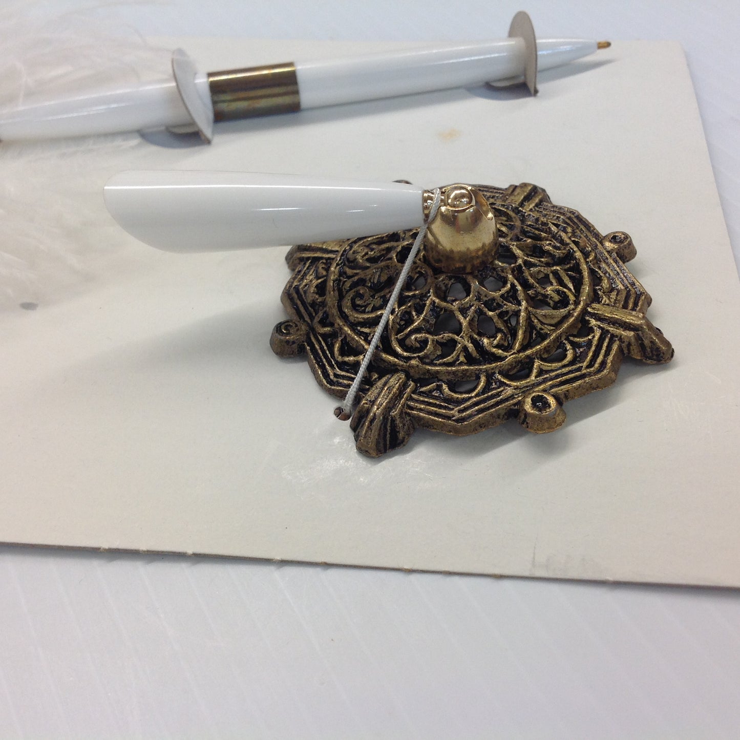 Vintage White Feather Quill Pen Set with Octagonal Brass Filigree Base in Box