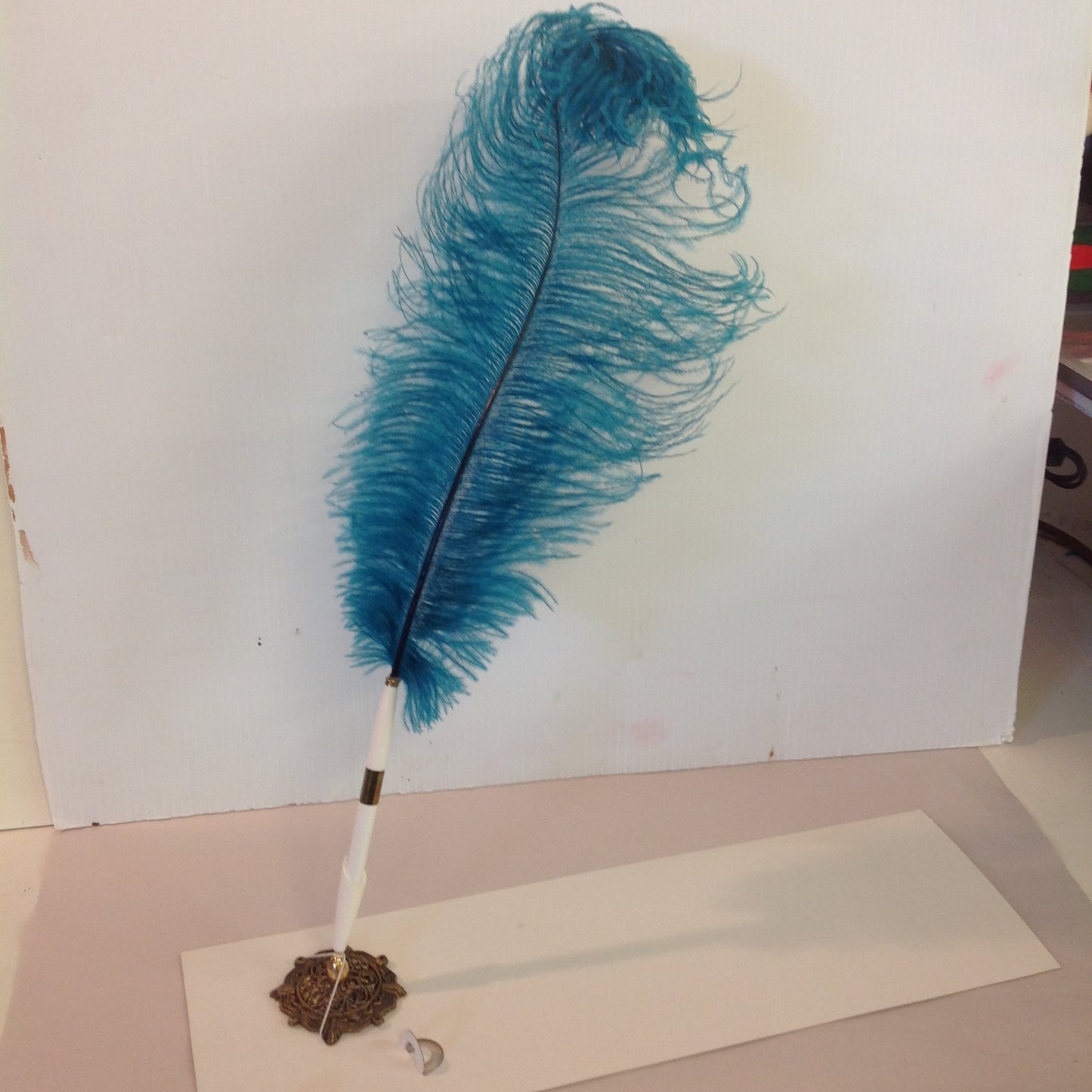 Vintage Aqua Blue Feather Quill Pen Set with Octagonal Brass Filigree Base in Box