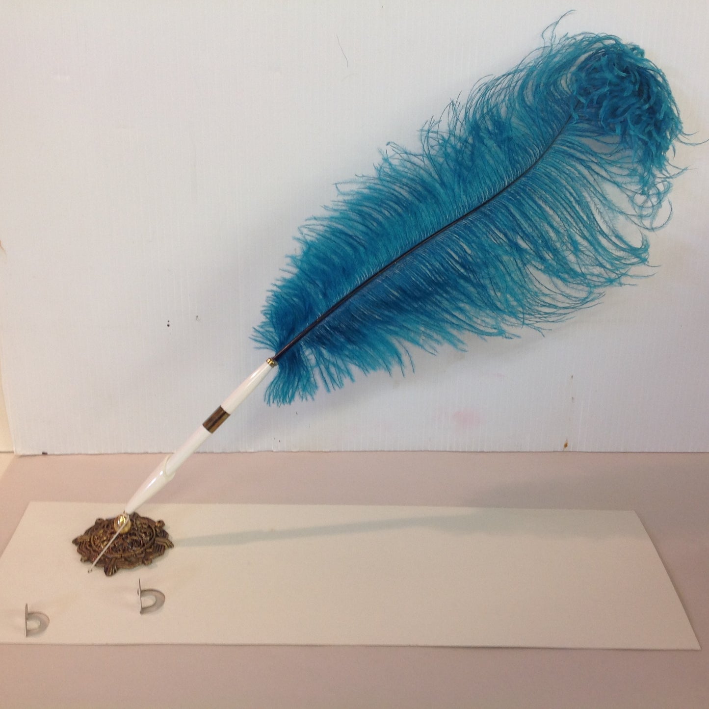 Vintage Aqua Blue Feather Quill Pen Set with Octagonal Brass Filigree Base in Box