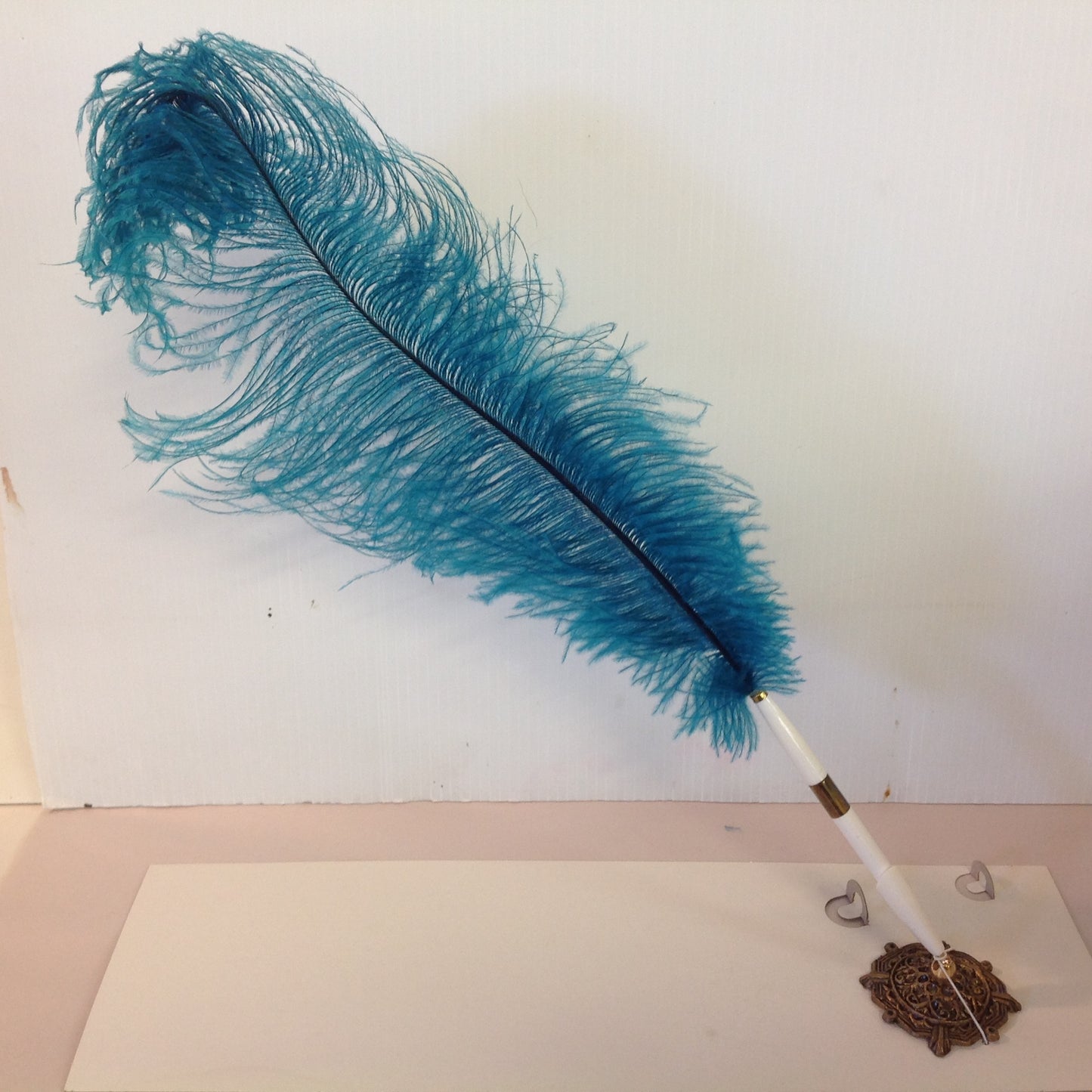 Vintage Aqua Blue Feather Quill Pen Set with Octagonal Brass Filigree Base in Box