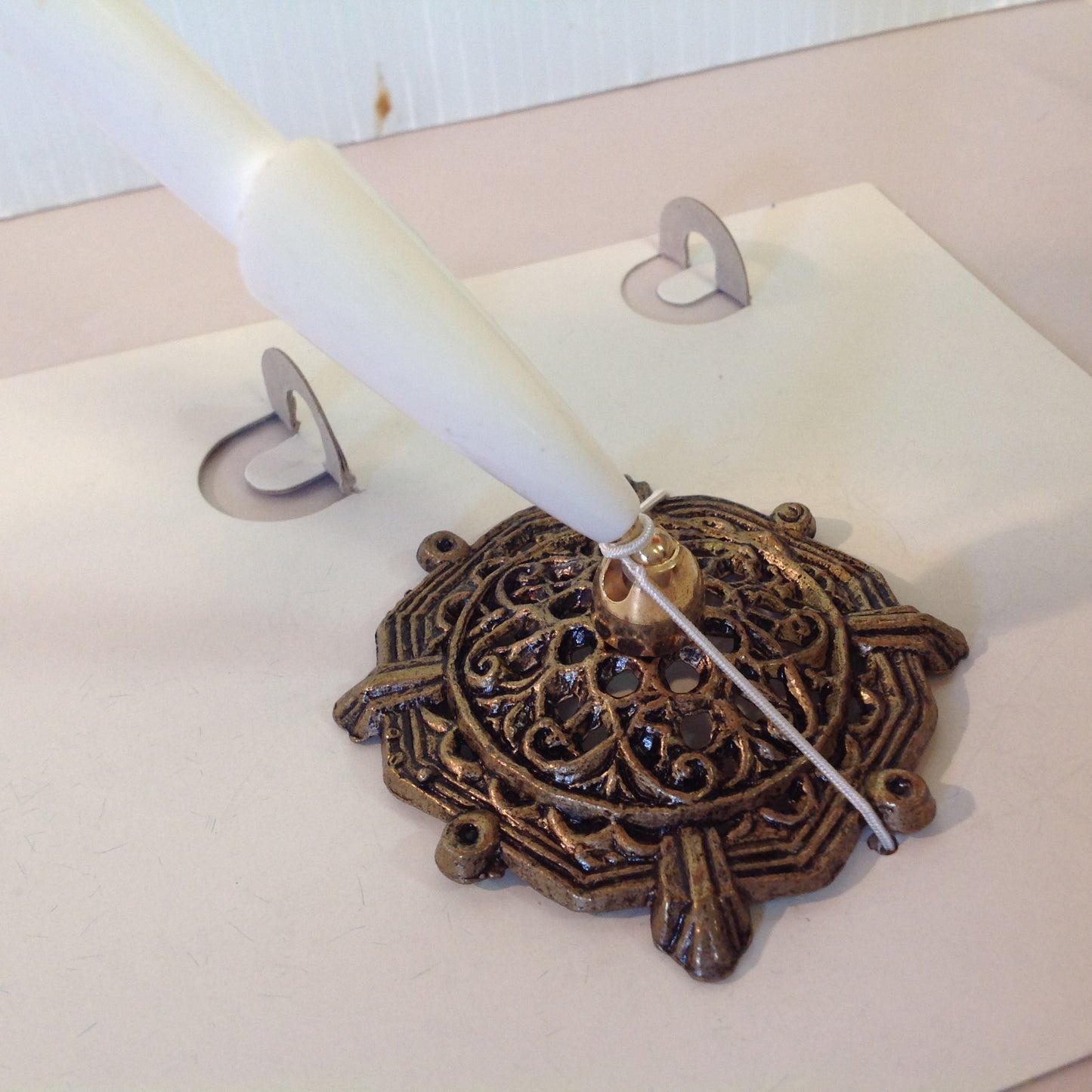 Vintage Aqua Blue Feather Quill Pen Set with Octagonal Brass Filigree Base in Box