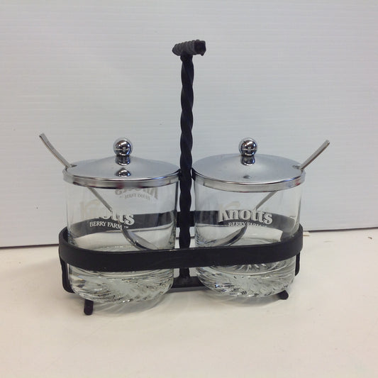 Vintage Pair Knott's Berry Farm Jelly Jars w/Silvertone Lids and Serving Spoons in Wrought Iron Holder