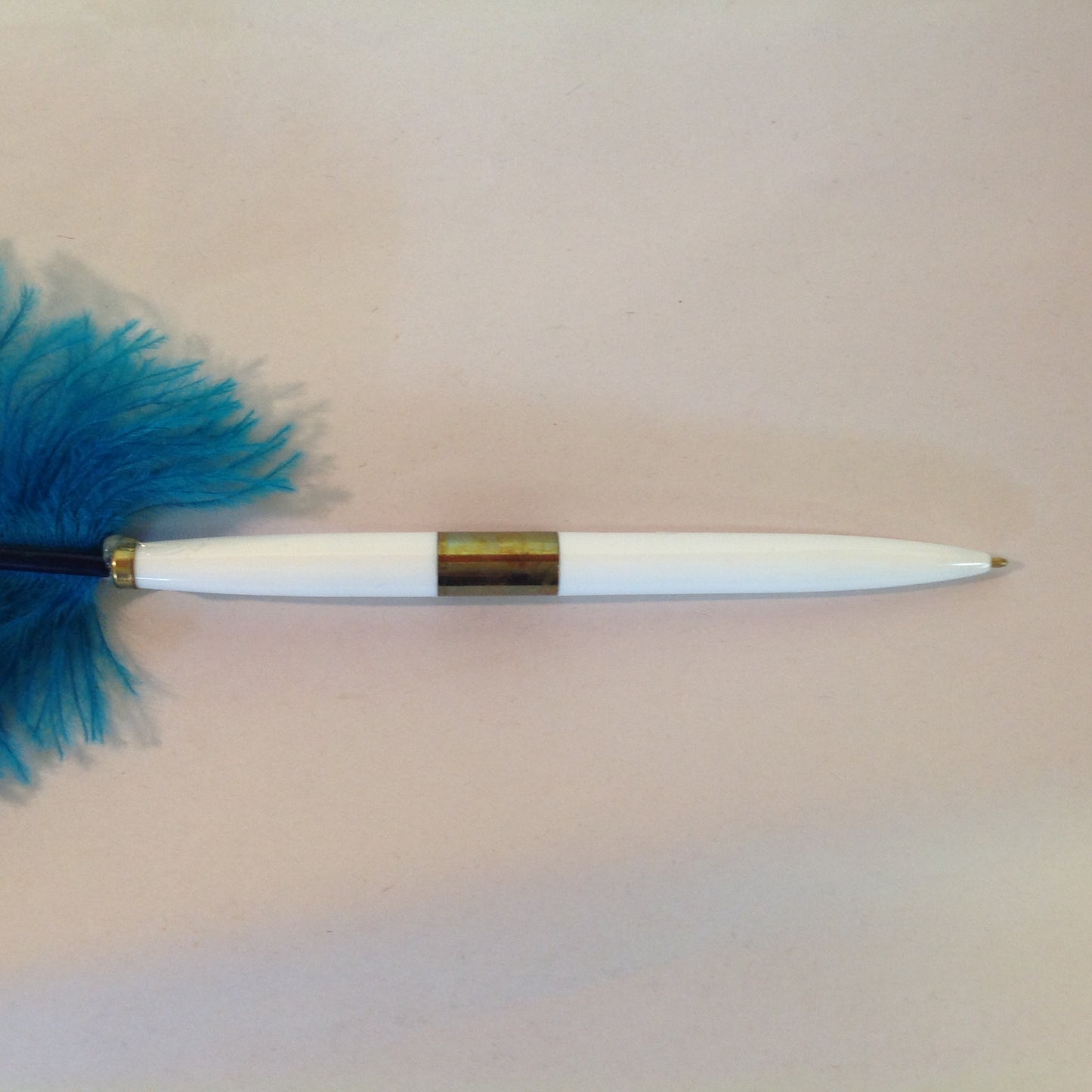 Vintage Aqua Blue Feather Quill Pen Set with Octagonal Brass Filigree Base in Box