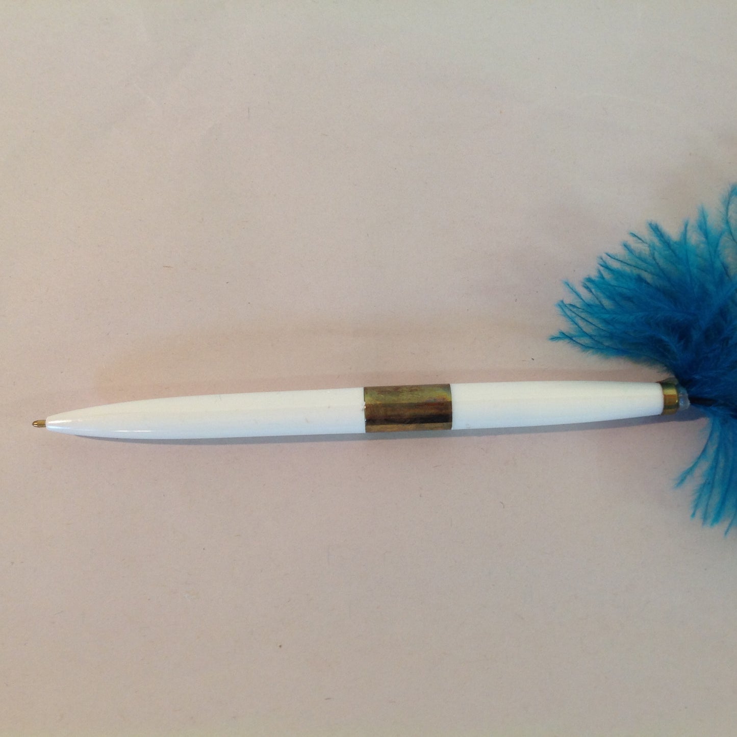 Vintage Aqua Blue Feather Quill Pen Set with Octagonal Brass Filigree Base in Box