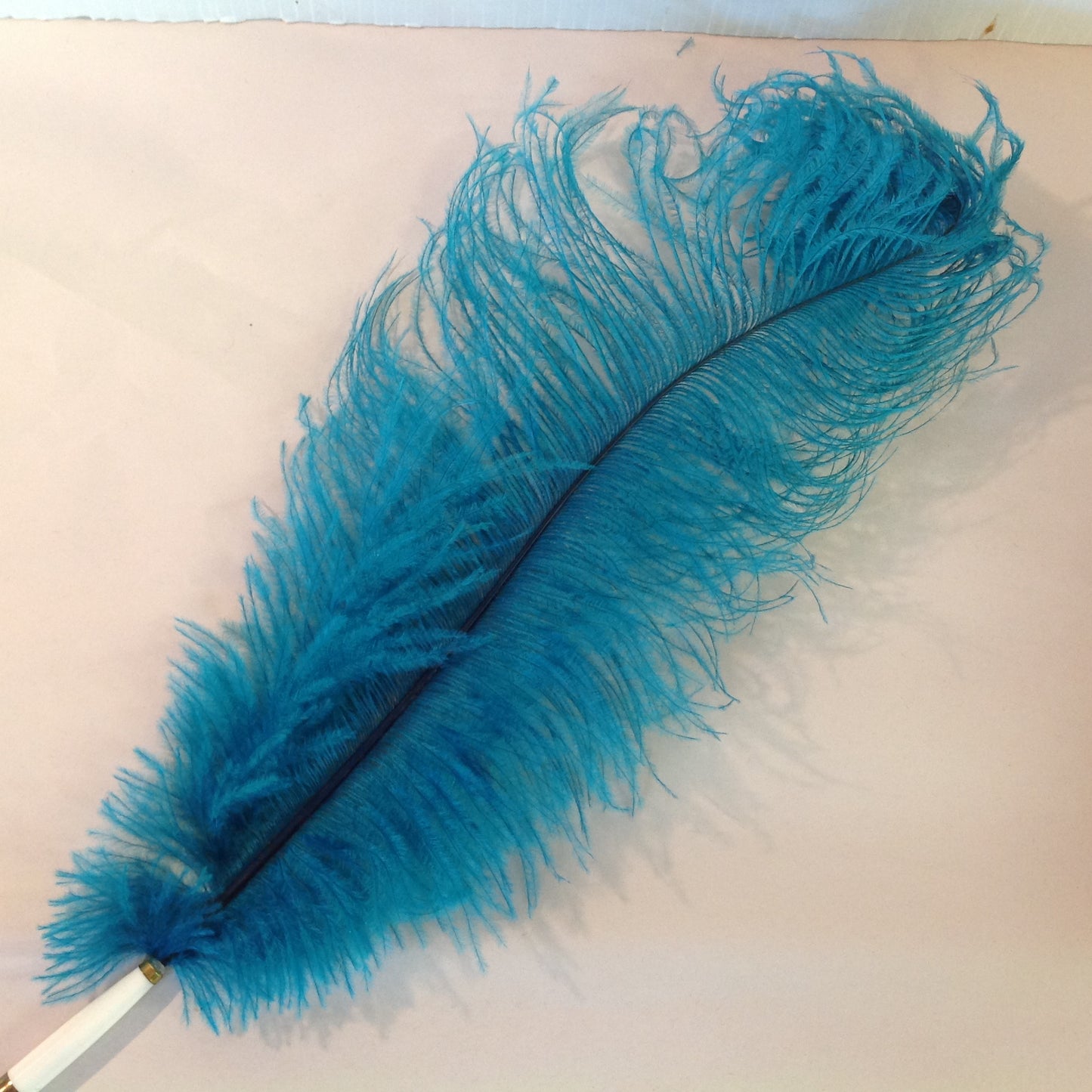 Vintage Aqua Blue Feather Quill Pen Set with Octagonal Brass Filigree Base in Box