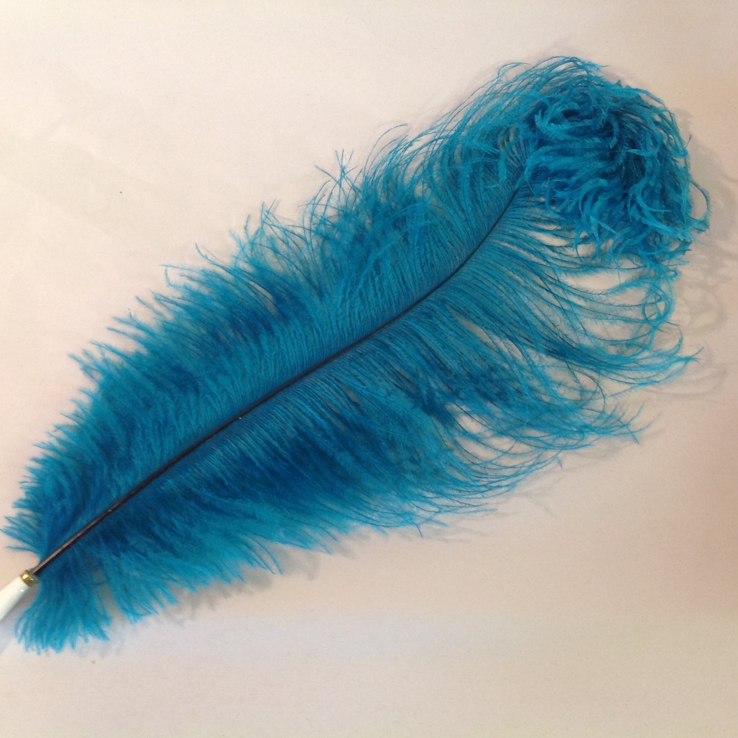 Vintage Aqua Blue Feather Quill Pen Set with Octagonal Brass Filigree Base in Box