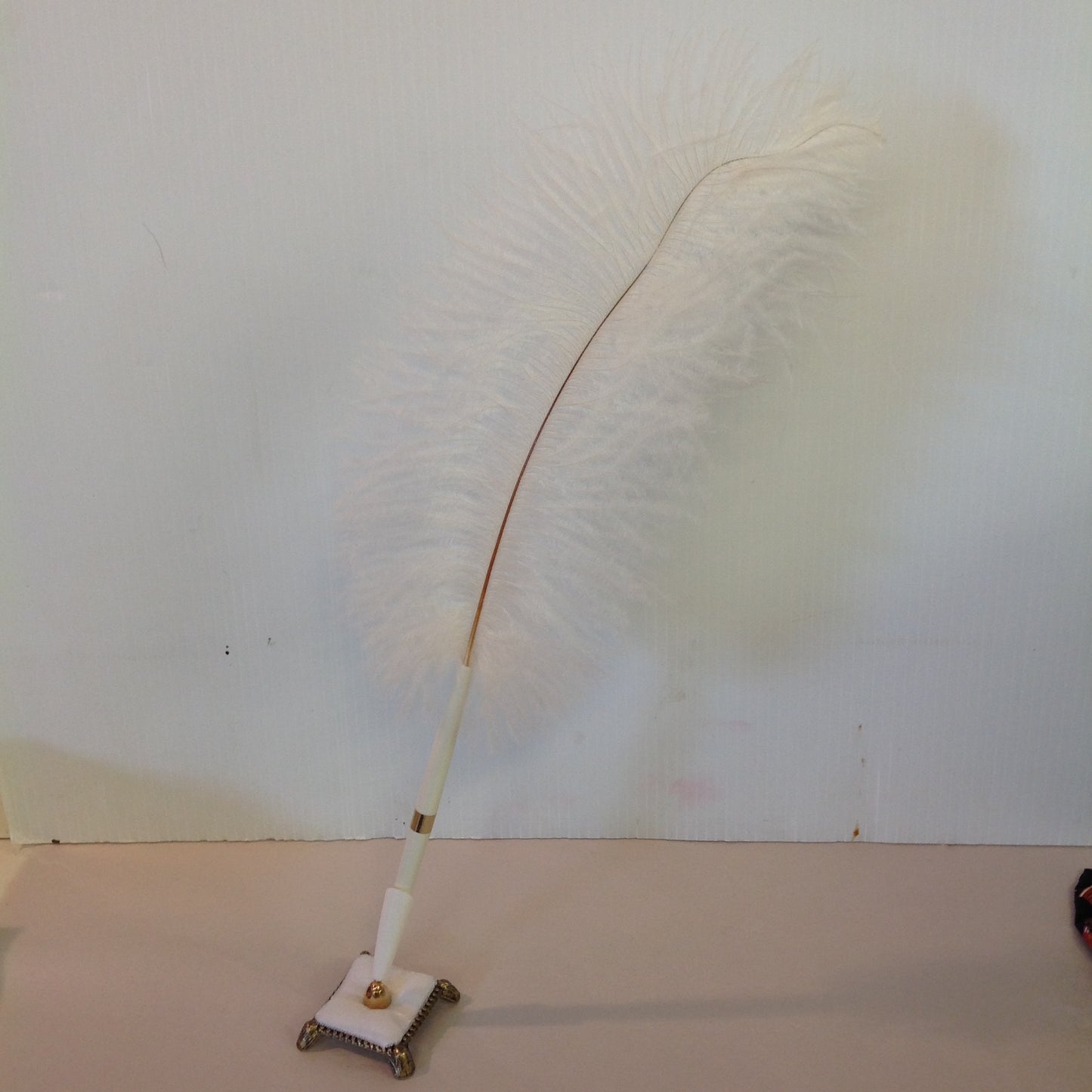 Vintage Hortense B Hewitt Elegant Accessories White Quill Pen Set with Fabric and Brass Footed Base Wedding Guest Book