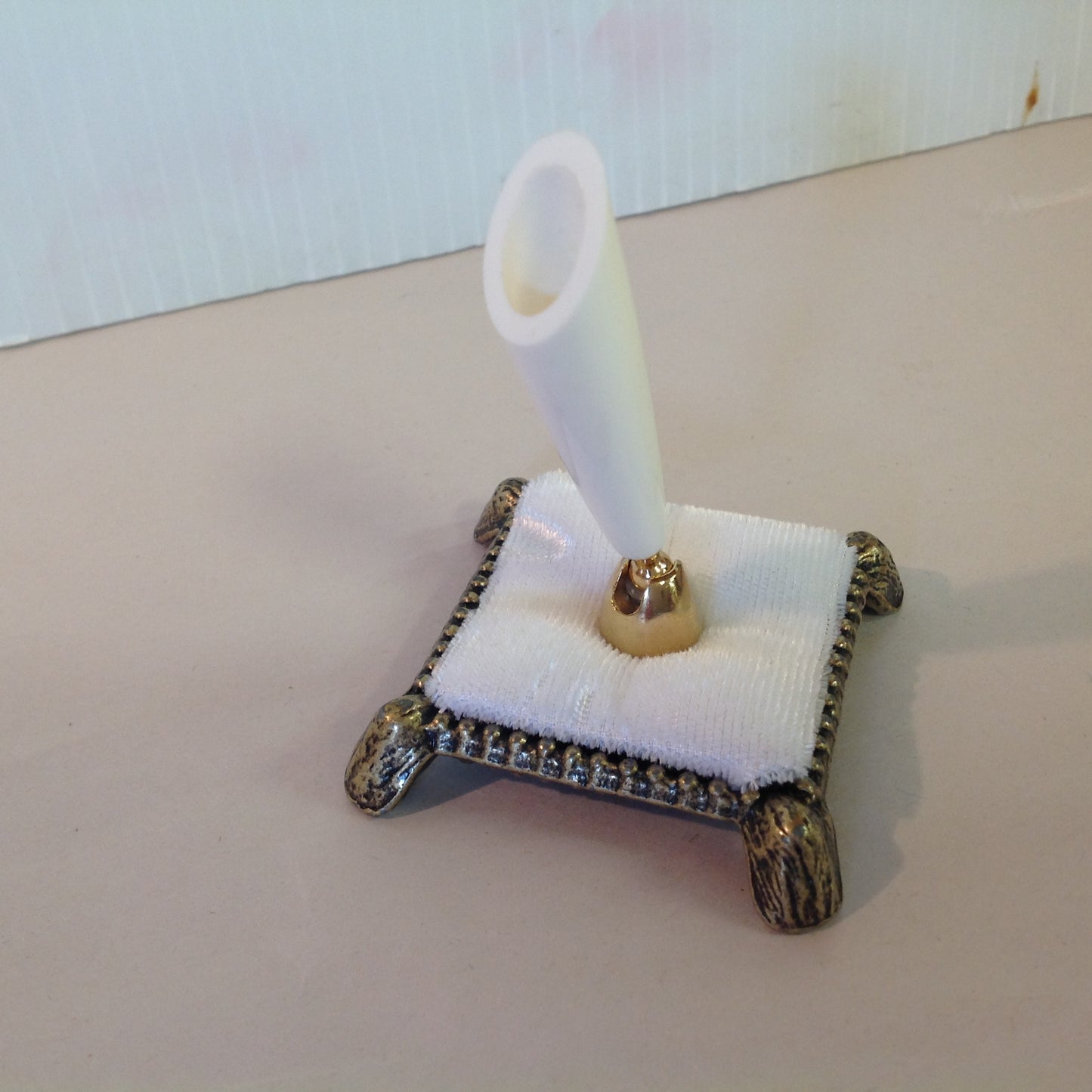 Vintage Hortense B Hewitt Elegant Accessories White Quill Pen Set with Fabric and Brass Footed Base Wedding Guest Book