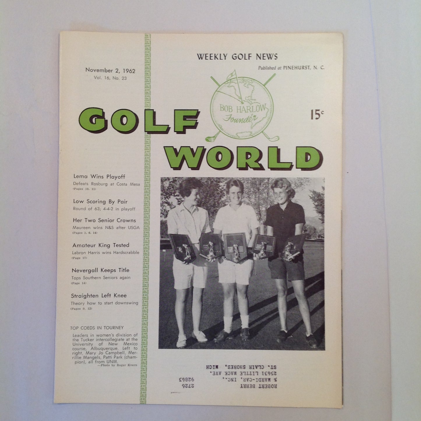 Vintage November 2 1962 Golf World Weekly Golf News Vol 16 No 23