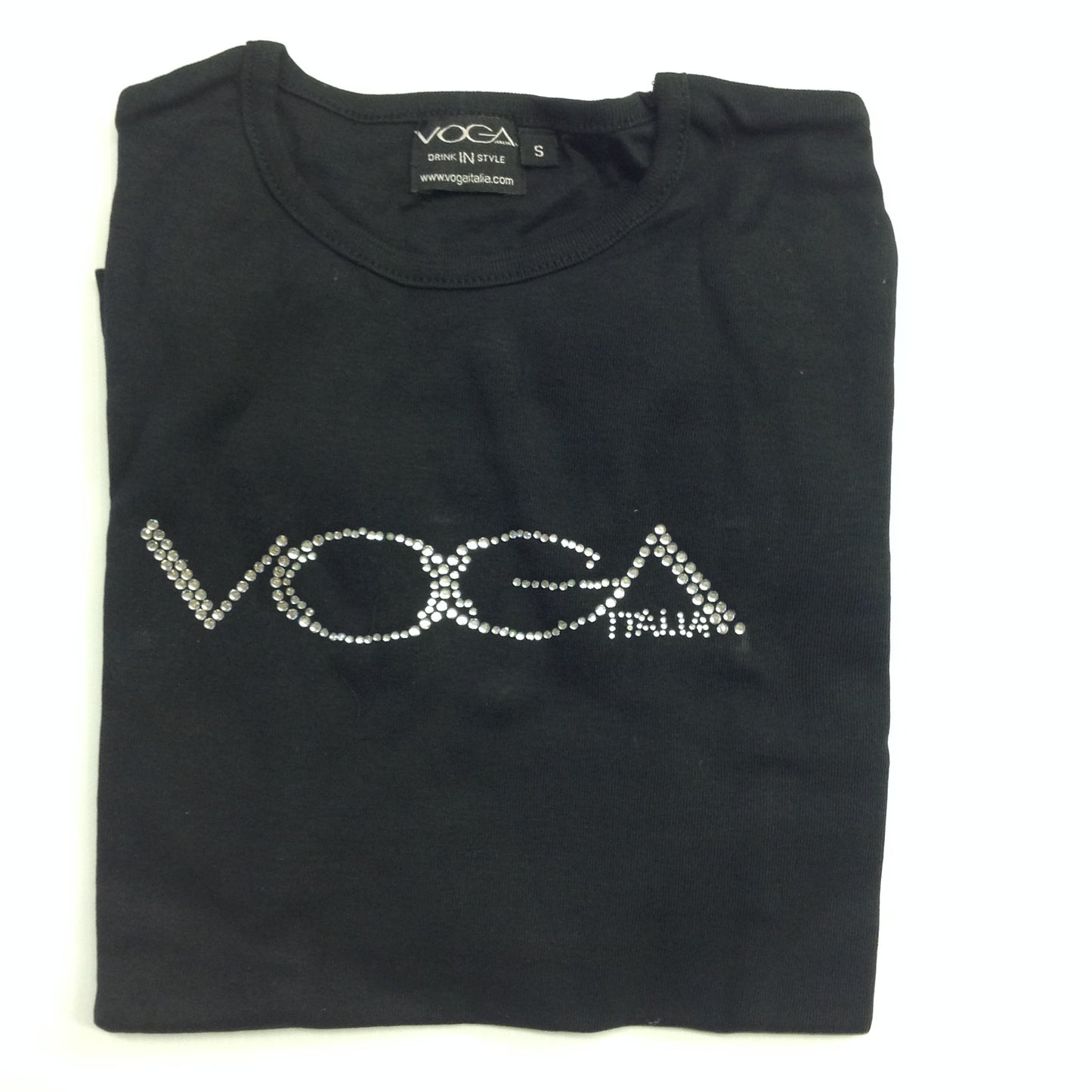 Souvenir Authentic VOGA Italia Drink IN Style Black Women's Small T-Shirt with Rhinestone Logo