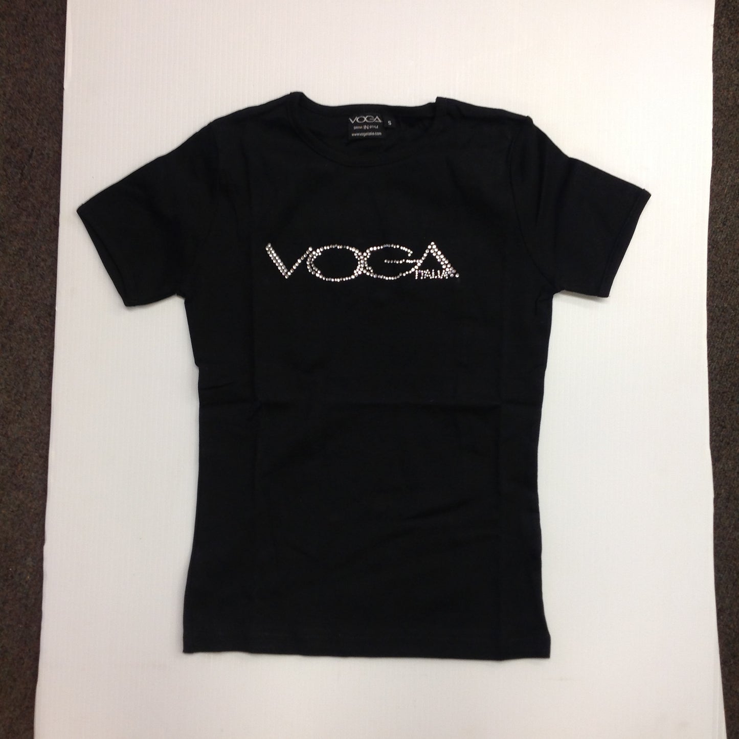 Souvenir Authentic VOGA Italia Drink IN Style Black Women's Small T-Shirt with Rhinestone Logo