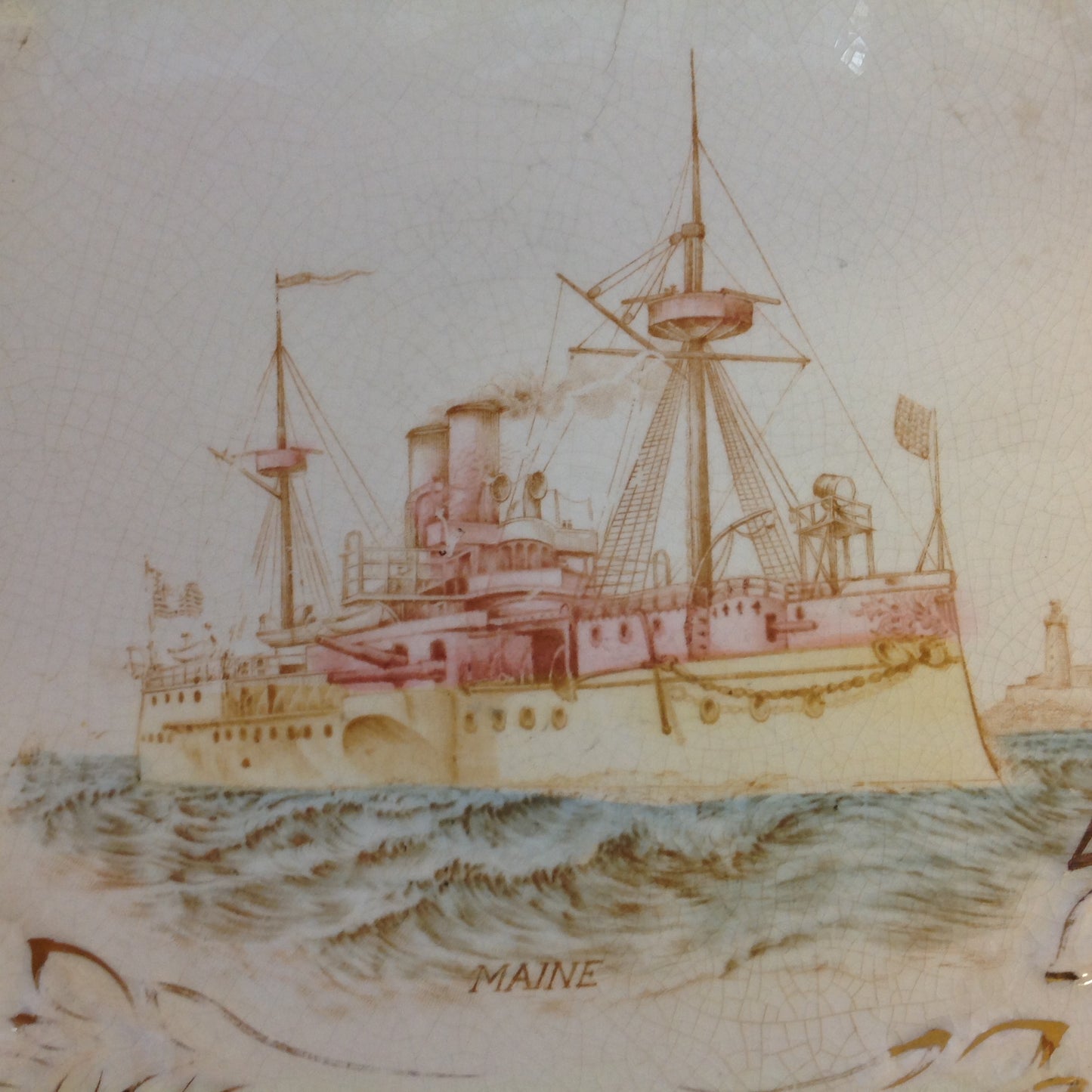 Vintage Spanish-American War Era The Sebring Porcelain Collectors' Plate with US Warships and Admiral Dewey