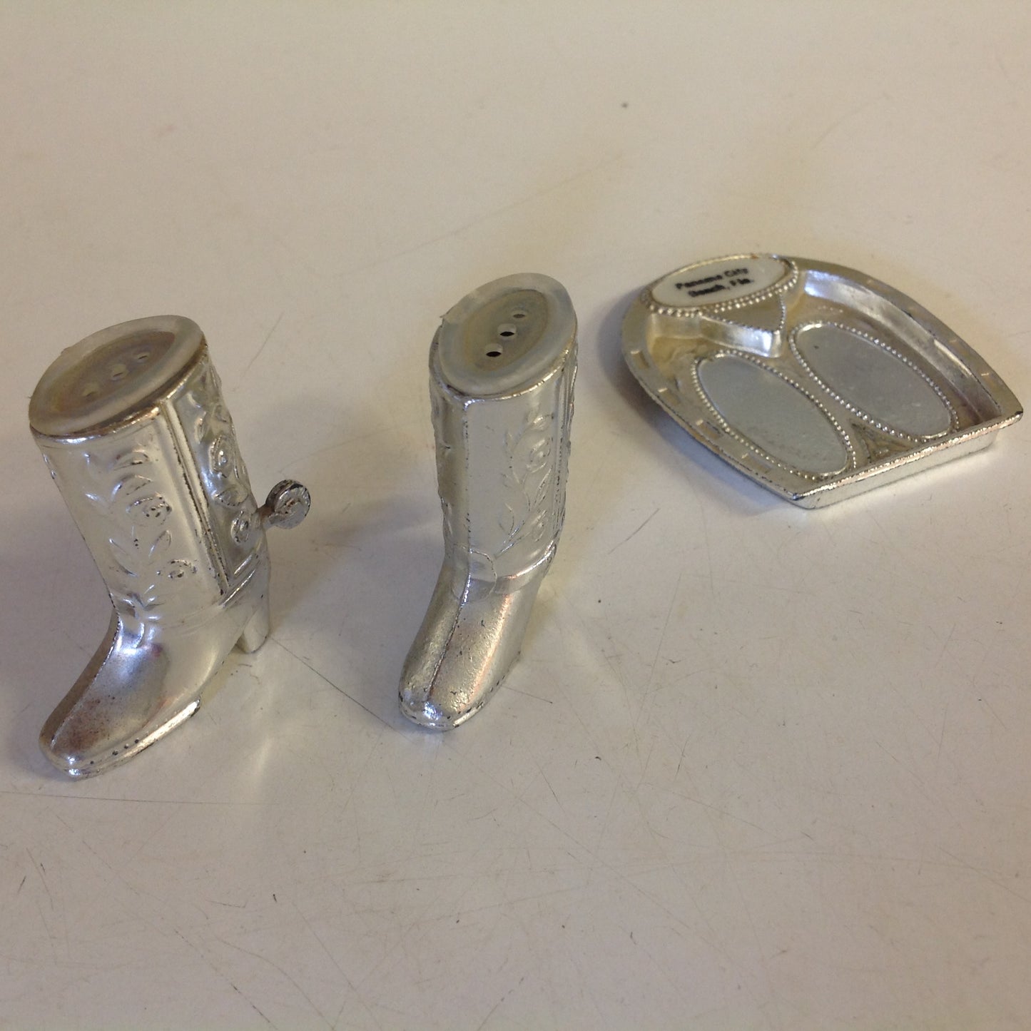 Vintage Souvenir Panama City Beach Florida Silvertone Salt and Pepper Shaker Set with Stand
