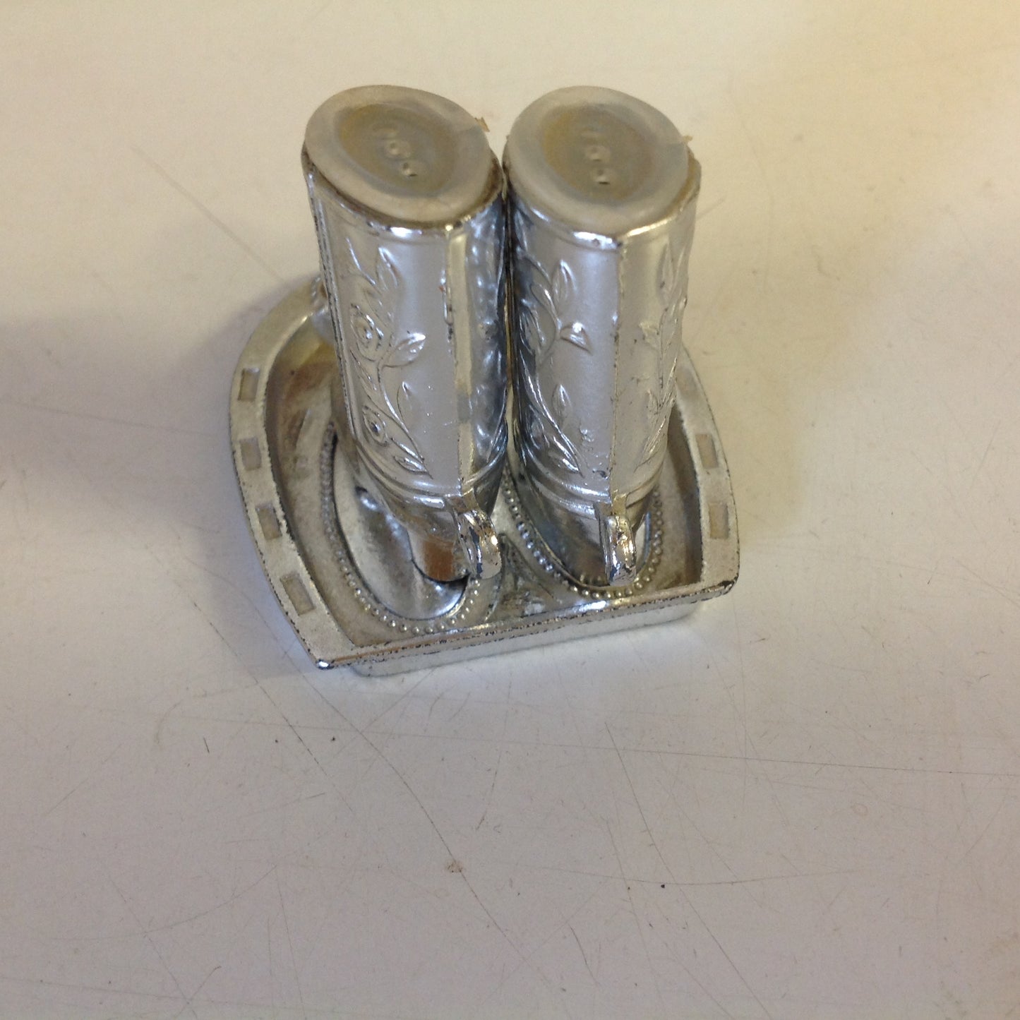 Vintage Souvenir Panama City Beach Florida Silvertone Salt and Pepper Shaker Set with Stand