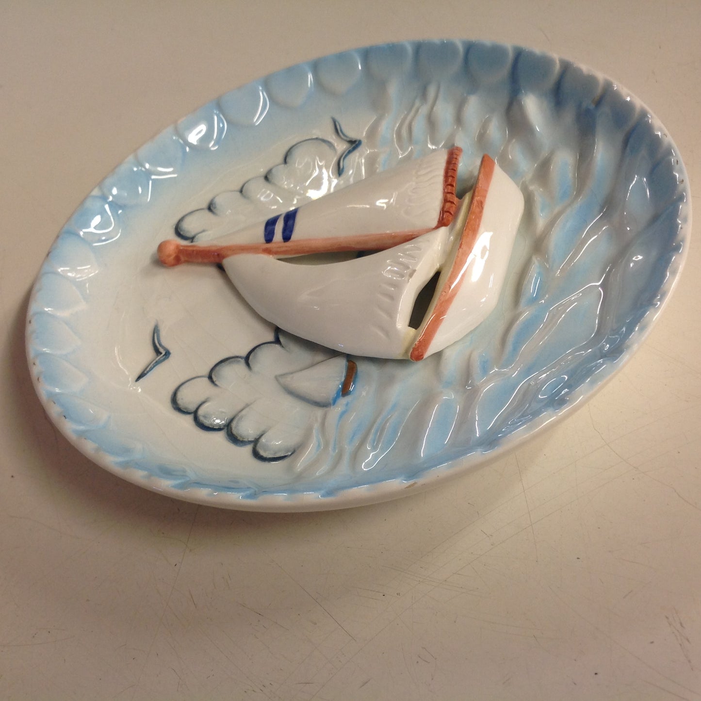 Vintage Ceramic Wall Hanging Plate Sailboat Scene in Relief with Sculpted Waves