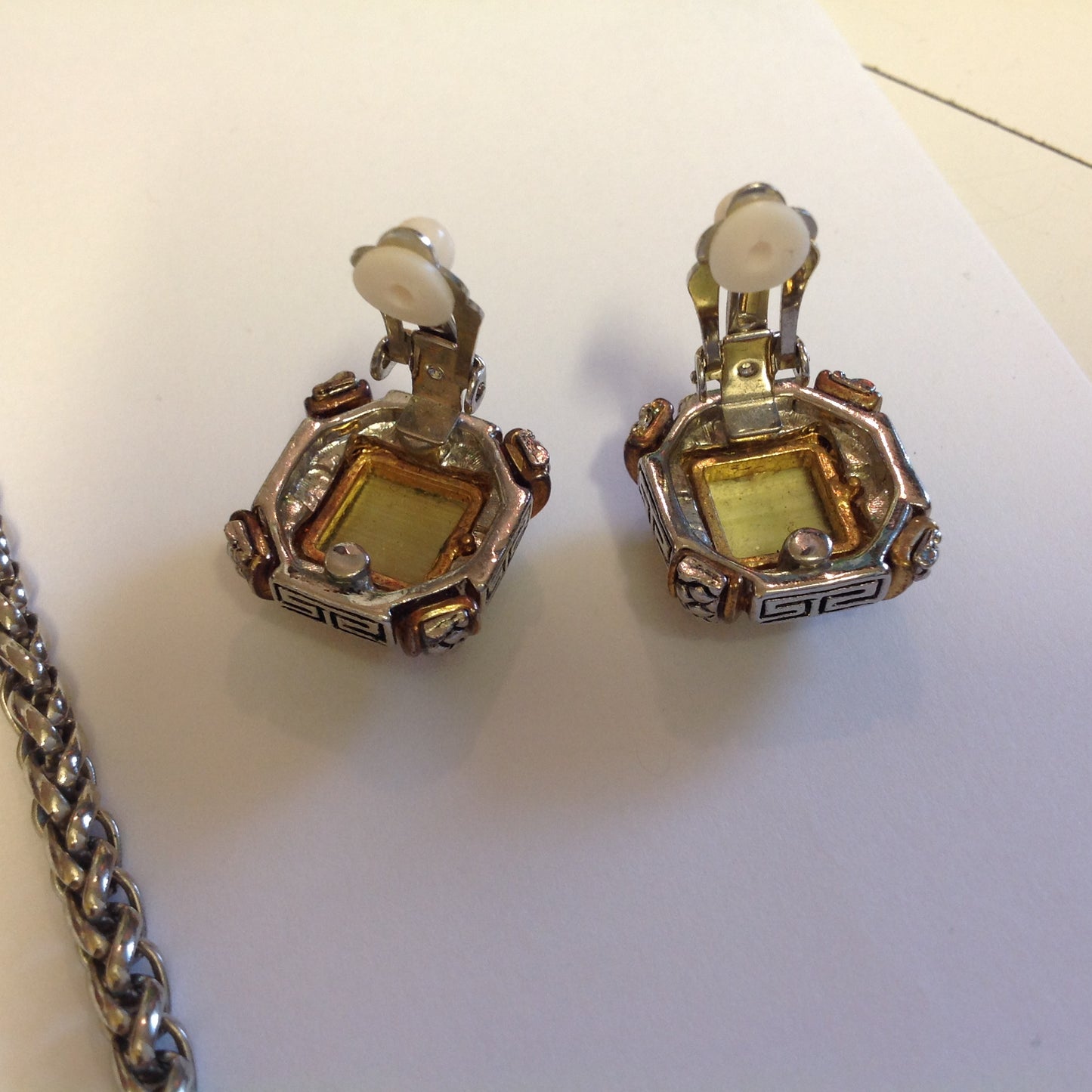 Vintage 1990's Chain Necklace and Clip-On Earrings Set Olive Glass Stone Geometric and Clusters Motif