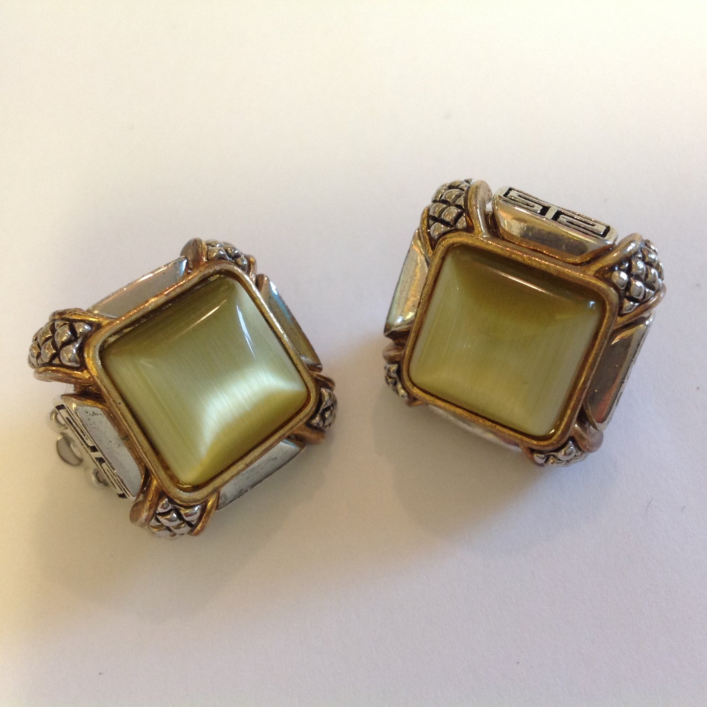 Vintage 1990's Chain Necklace and Clip-On Earrings Set Olive Glass Stone Geometric and Clusters Motif