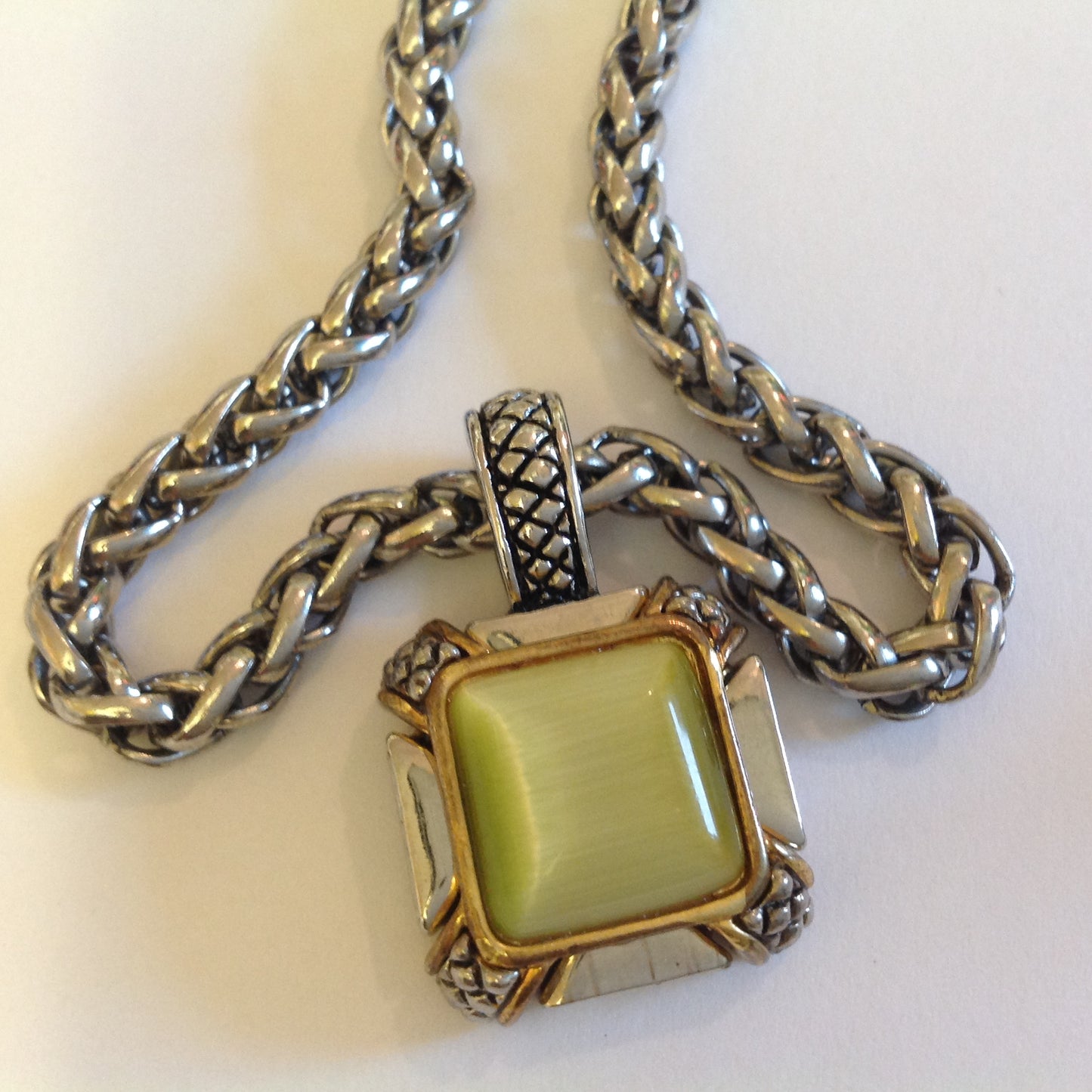 Vintage 1990's Chain Necklace and Clip-On Earrings Set Olive Glass Stone Geometric and Clusters Motif