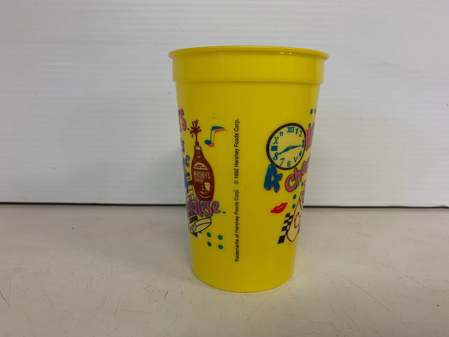 Vintage 1992 Hershey's Chocolate Syrup "Now it's Time 4 Chocolate" Plastic Yellow Drink Cup