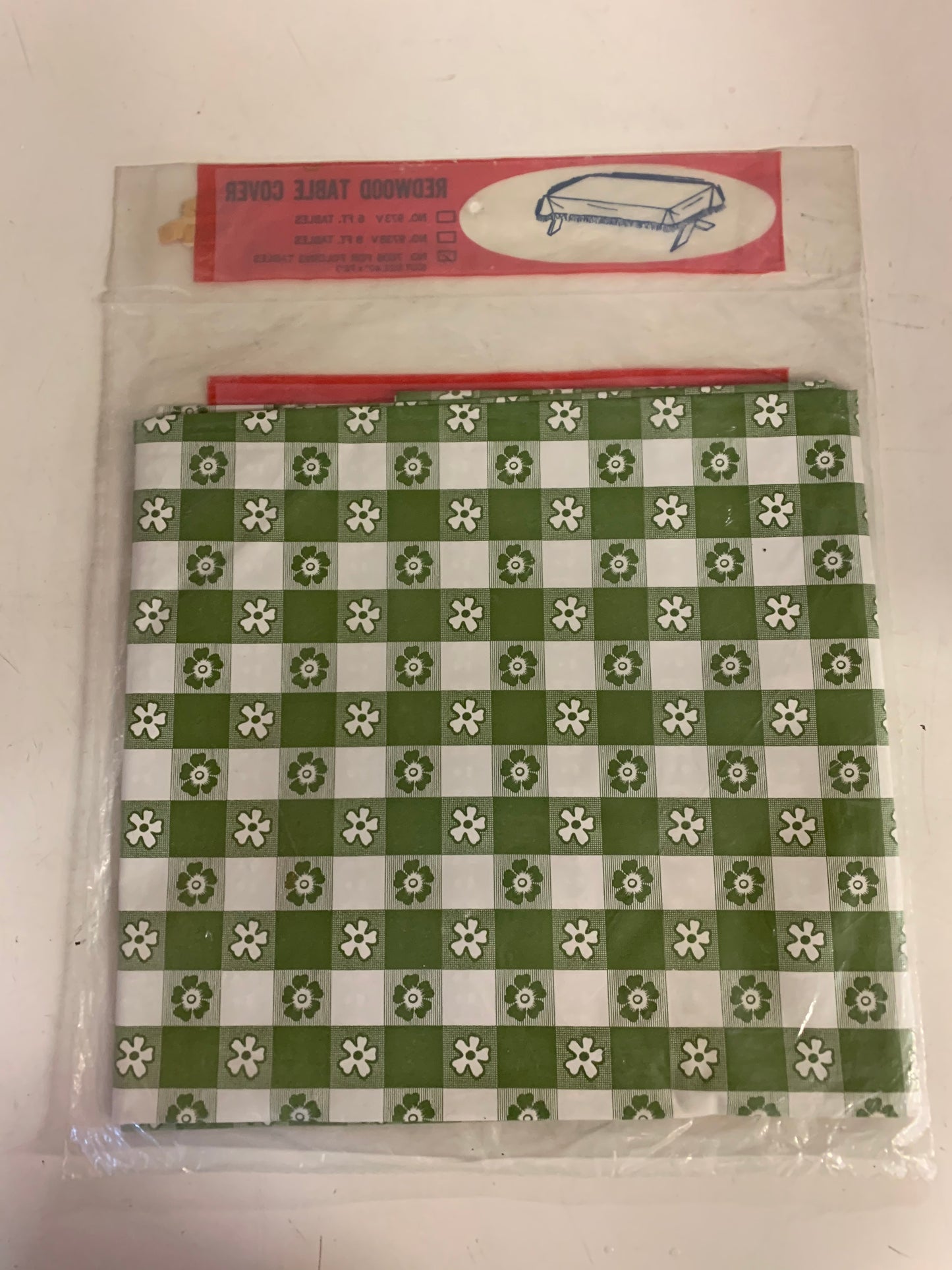 Vintage Velsco Vinyl Green Checkered Daisy Tailored Redwood Picnic Table Patio Cover NOS