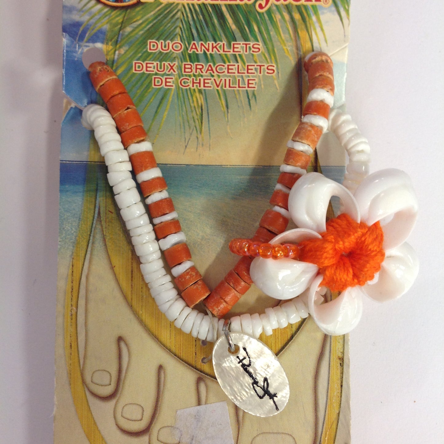 Vintage Authentic Panama Jack Duo Ankle Bracelet in Burnt Sienna with White Shell Flower