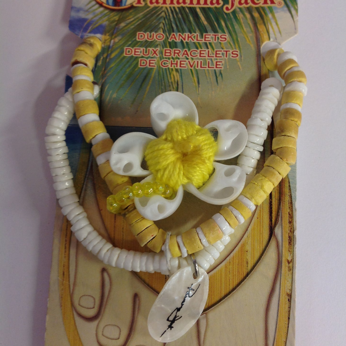 Vintage Authentic Panama Jack Duo Ankle Bracelet in Gold Beads and White Shell Flower