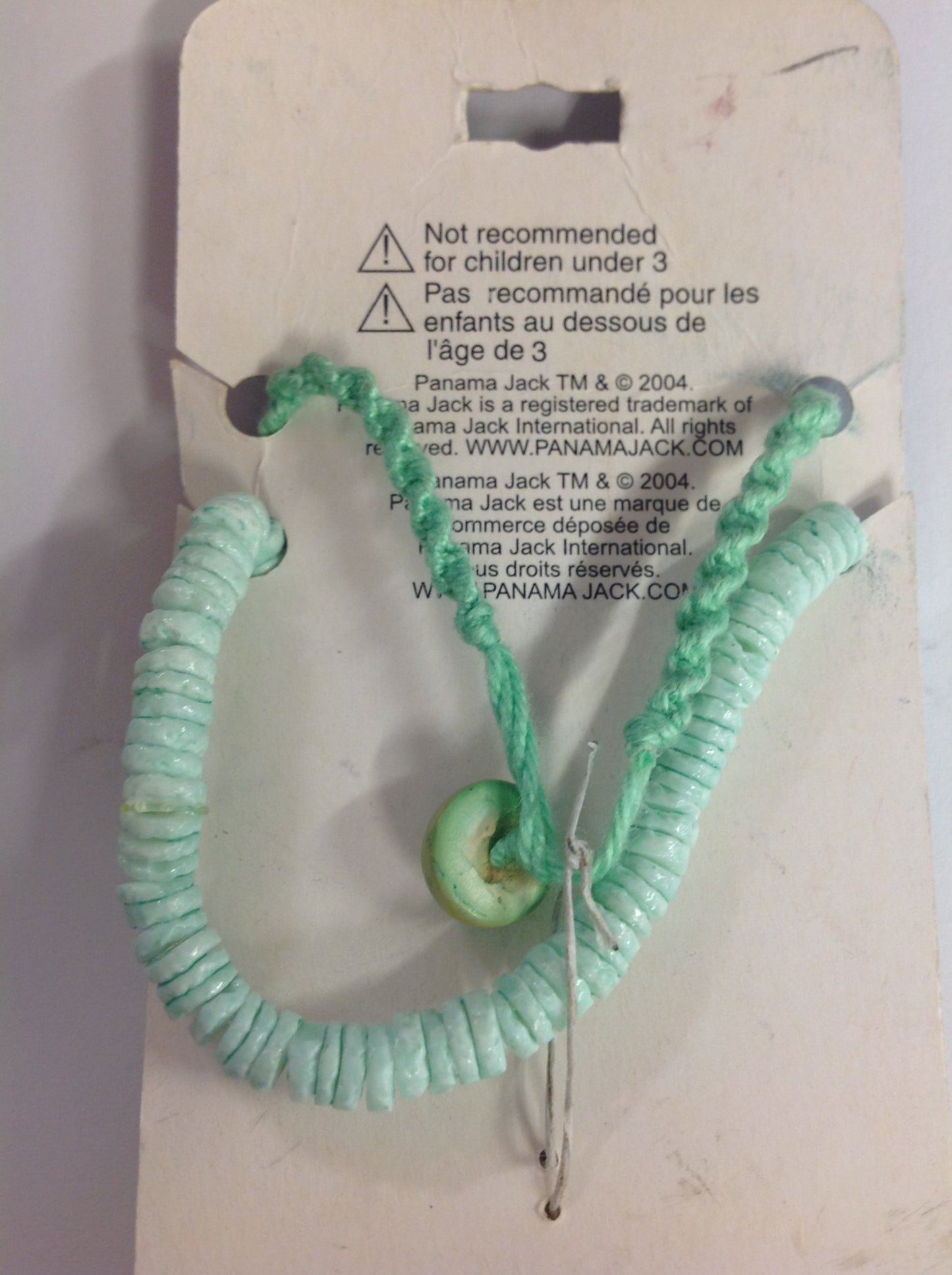 Vintage Authentic Panama Jack Duo Ankle Bracelet with Green White Bead and Rope with Tropical Flower Heart Pendant on Stone