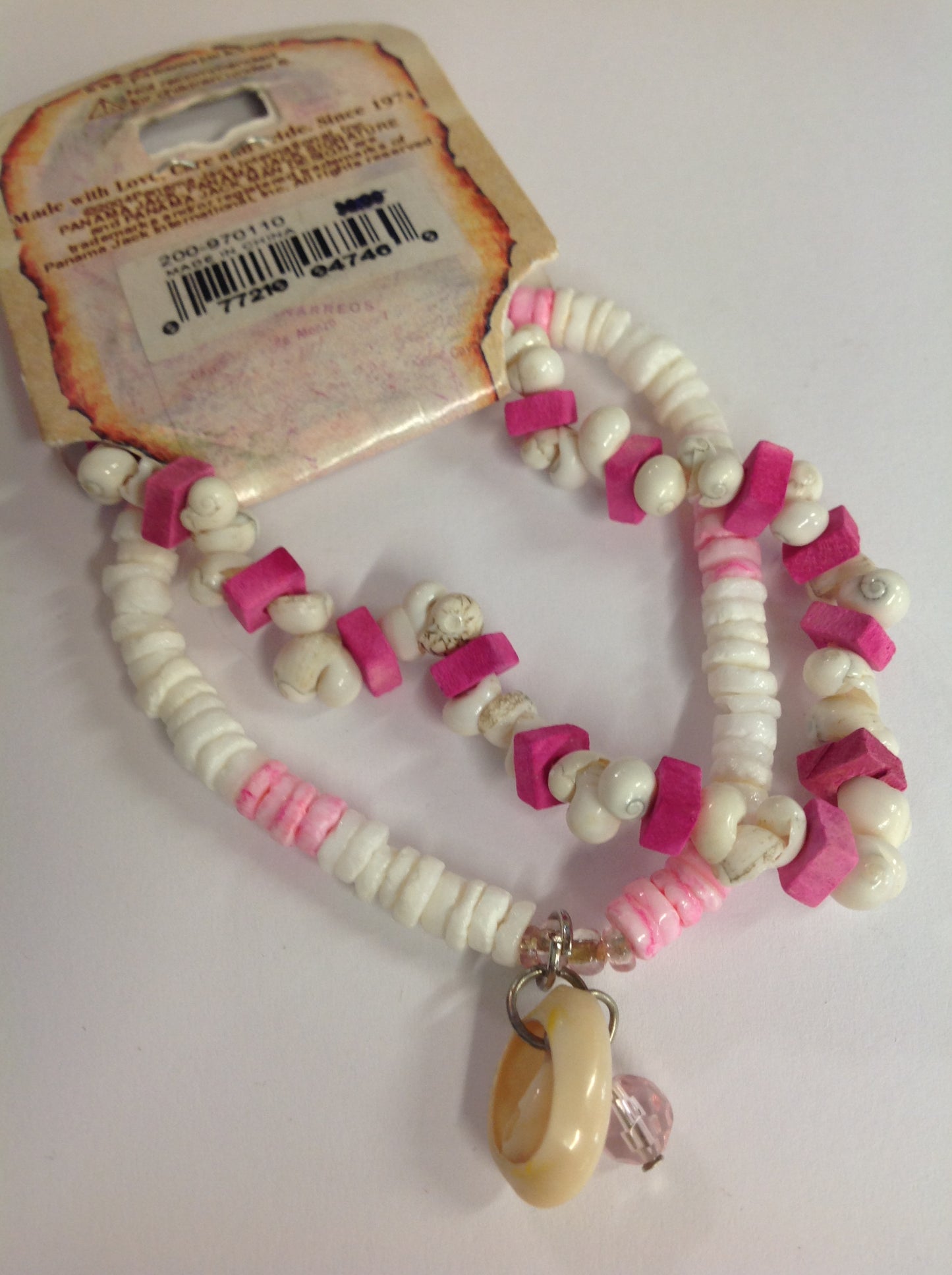 Vintage Authentic Panama Jack Duo Ankle Bracelet in Pink and White Beads with Shell and Pink Rhinestone Pendant