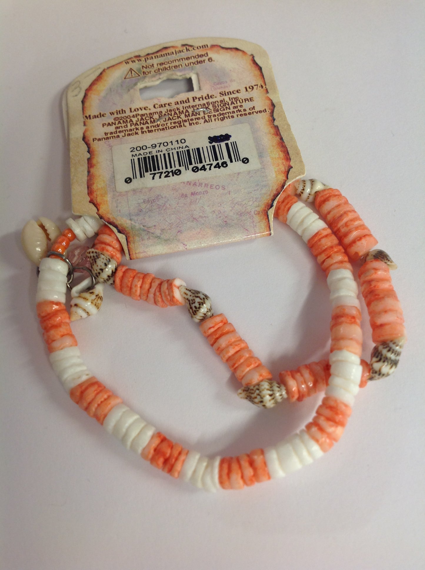 Vintage Authentic Panama Jack Duo Ankle Bracelet in Salmon and White Beads with Shell Accent