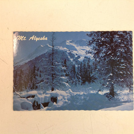 Vintage Continental Card Scalloped Edged Color Postcard Mount Alyeska in Moonlight Girdwood Valley Julian Maule Photo Anchorage Alaska