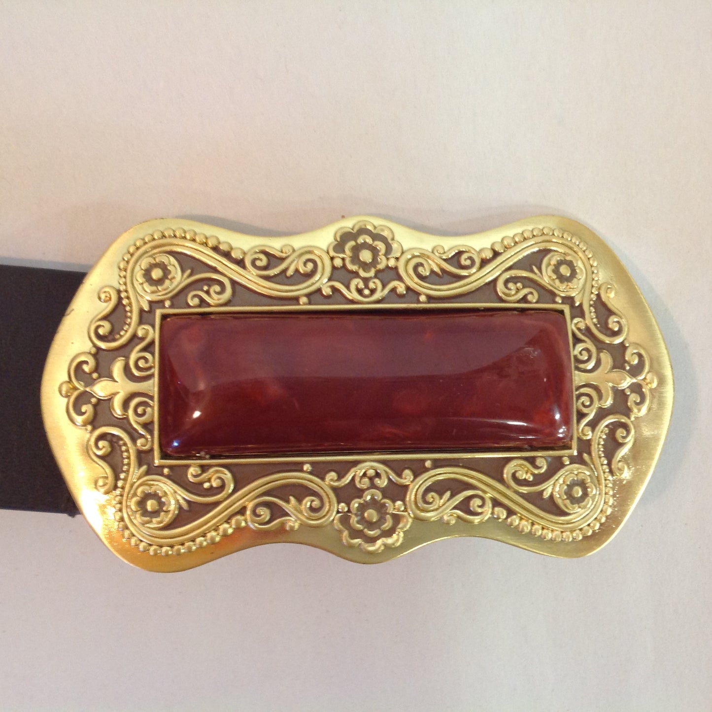 Large Dark Brown Chico's Women's Leather Belt Gold Tone Floral Filigree Marbled Rust Centerpiece Buckle 3