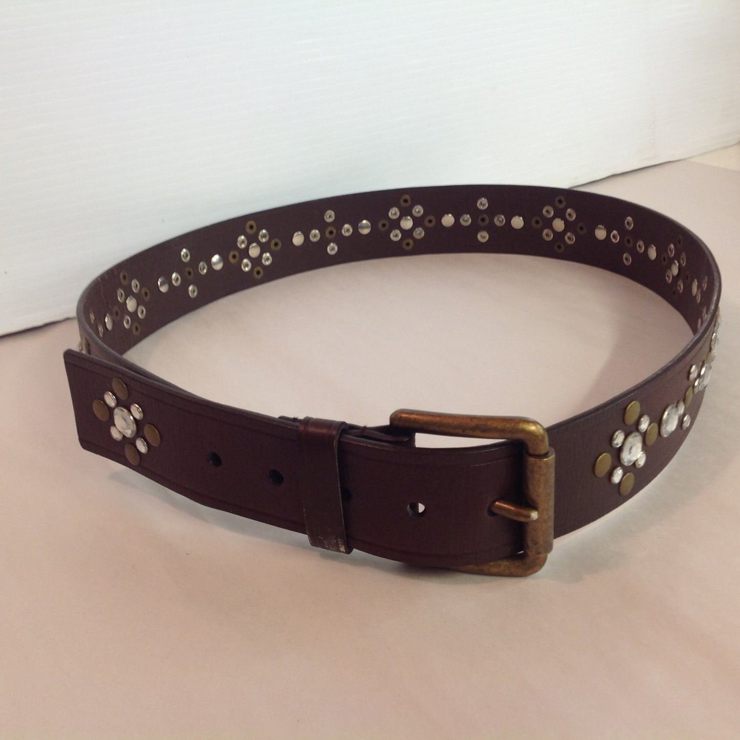 Vintage York & Company Brown Large Leather Belt Rhinestone and Brass Studs 6