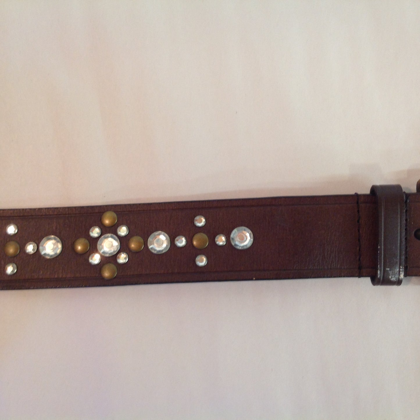 Vintage York & Company Brown Large Leather Belt Rhinestone and Brass Studs 6