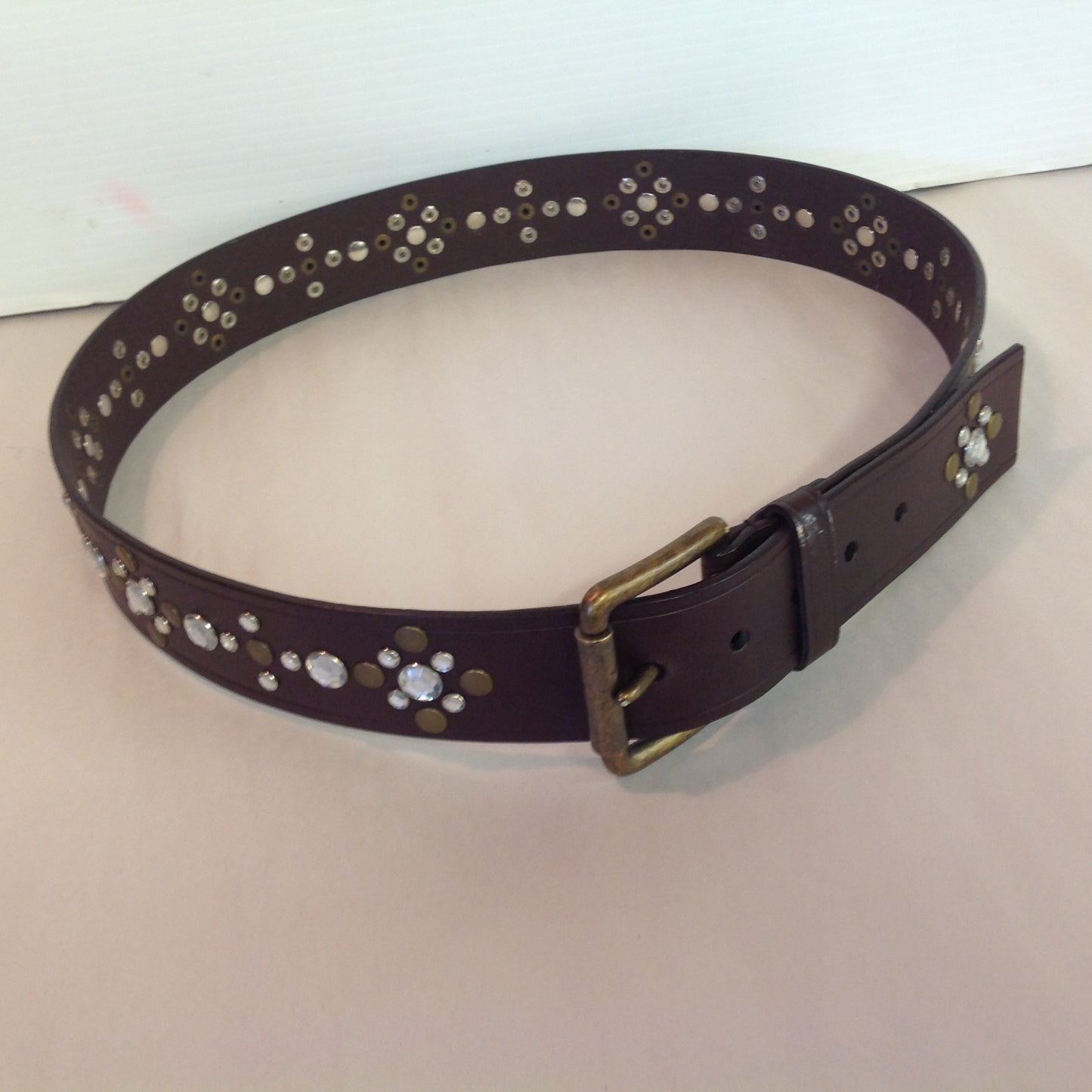 Vintage York & Company Brown Large Leather Belt Rhinestone and Brass Studs 6