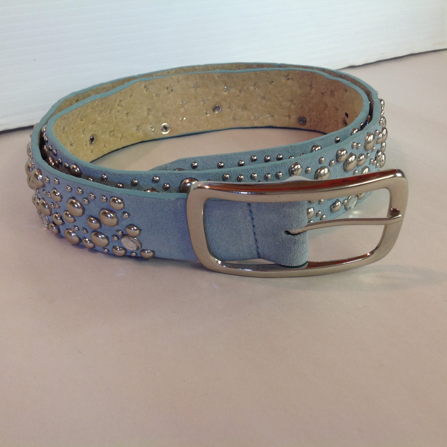 Vintage Women's XXL Powder Blue Suede Leather Belt with Rhinestones and Chromed Studs Buckle 11
