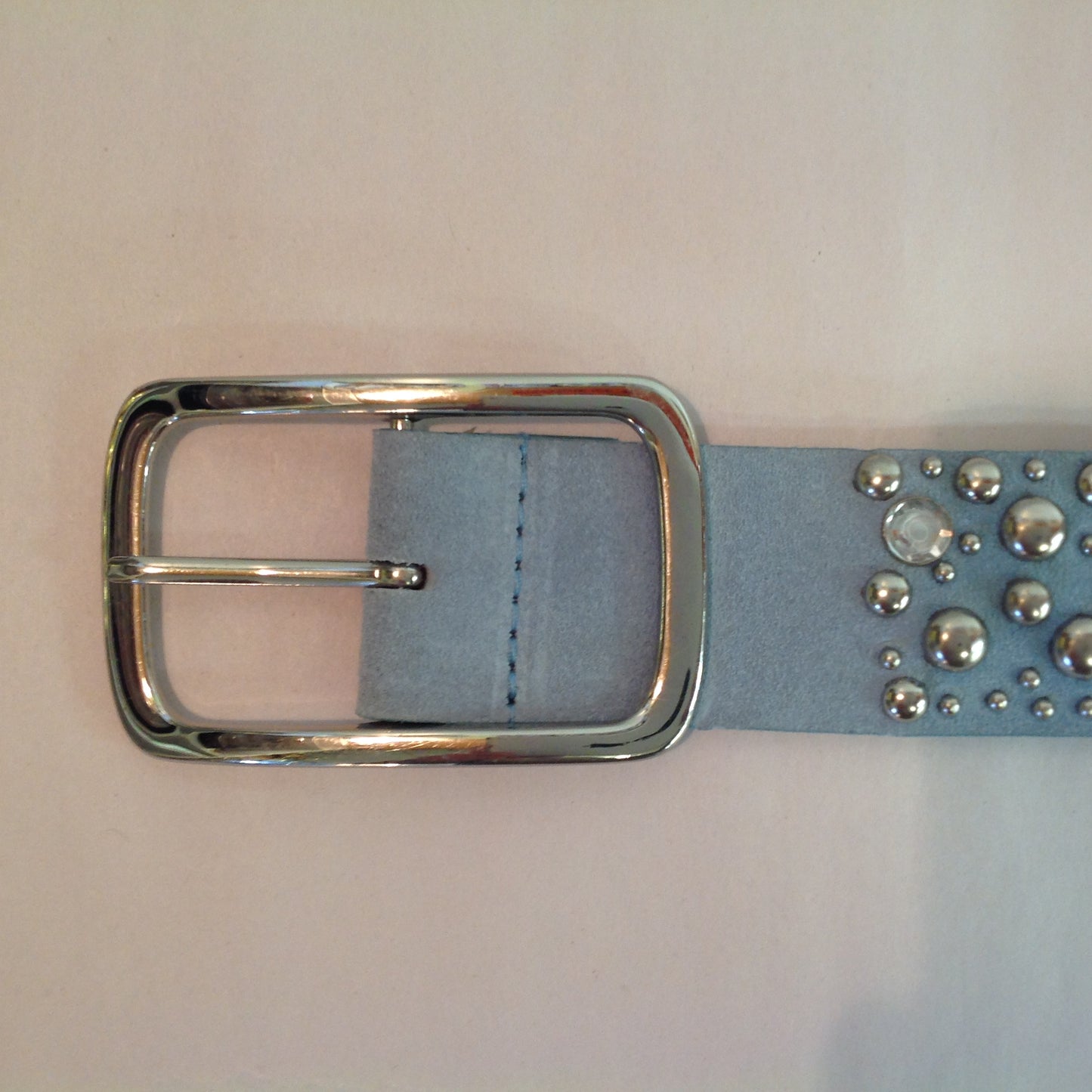 Vintage Women's XXL Powder Blue Suede Leather Belt with Rhinestones and Chromed Studs Buckle 11
