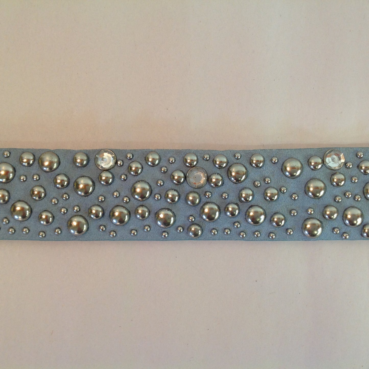 Vintage Women's XXL Powder Blue Suede Leather Belt with Rhinestones and Chromed Studs Buckle 11