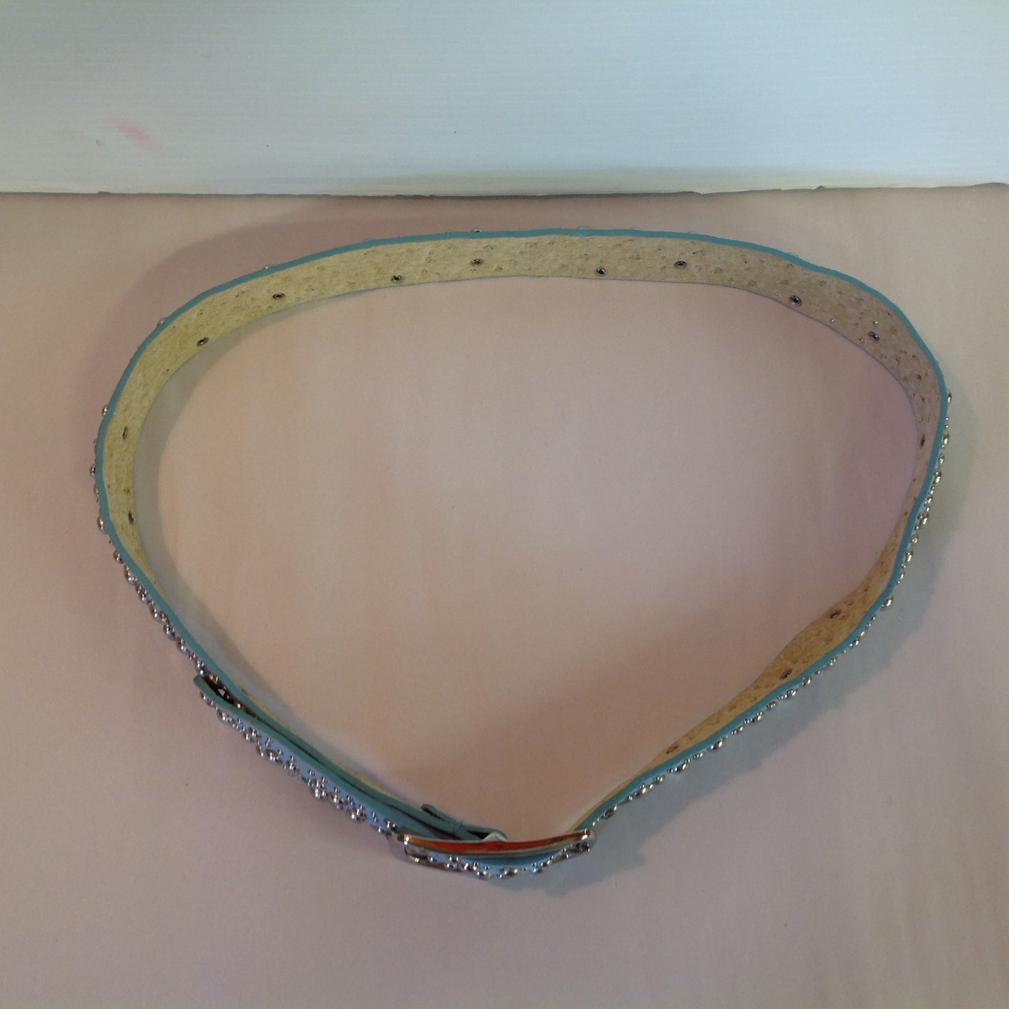 Vintage Women's XXL Powder Blue Suede Leather Belt with Rhinestones and Chromed Studs Buckle 11