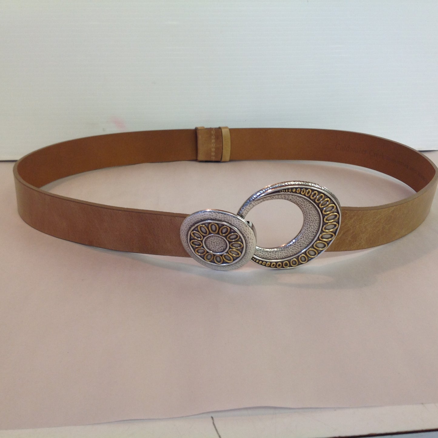 Tan Leather Coldwater Creek Ladies' Belt Silvertone Crescent Filigree and Circle Buckle 2