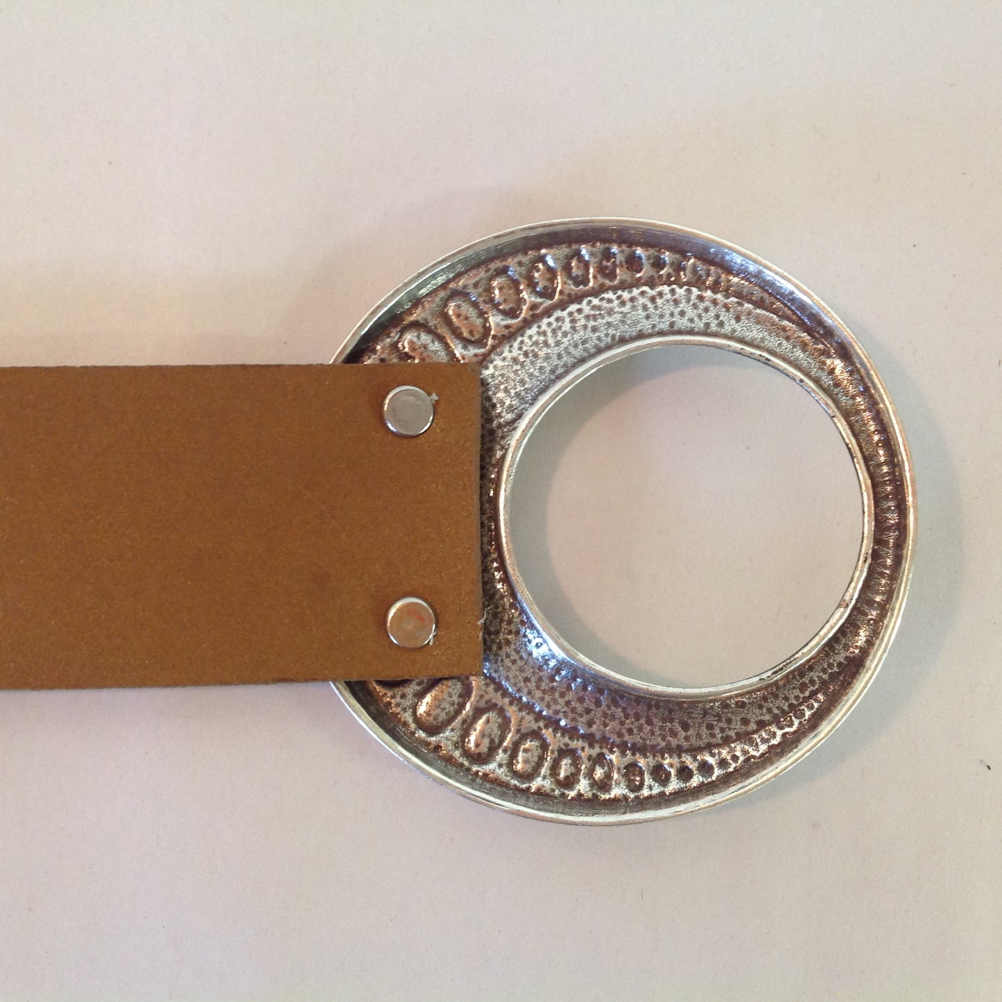 Tan Leather Coldwater Creek Ladies' Belt Silvertone Crescent Filigree and Circle Buckle 2
