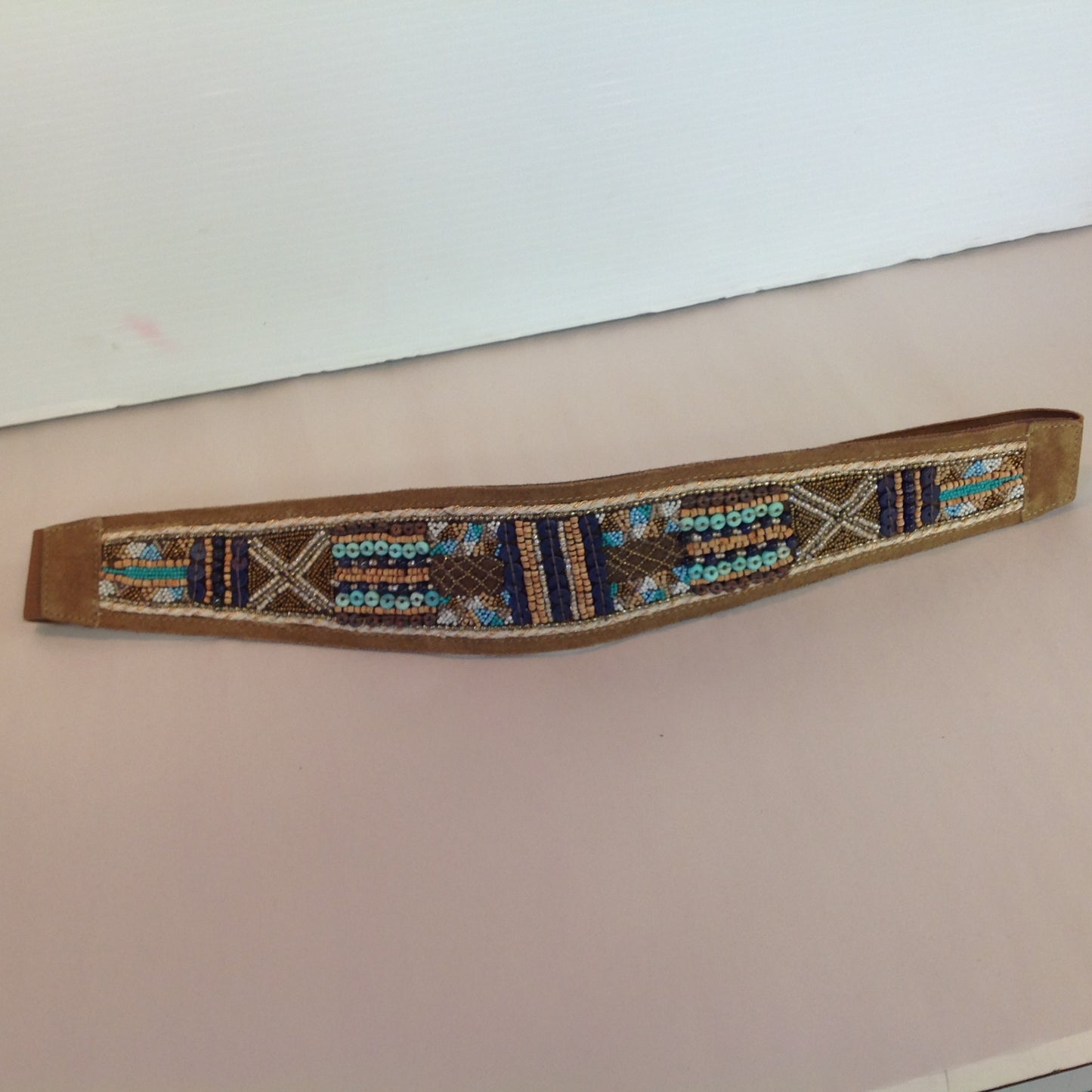 Chico's Women's Large Leather and Polyester Tan Stretch Belt Embroidered Beaded Blues and Browns with Tags 12