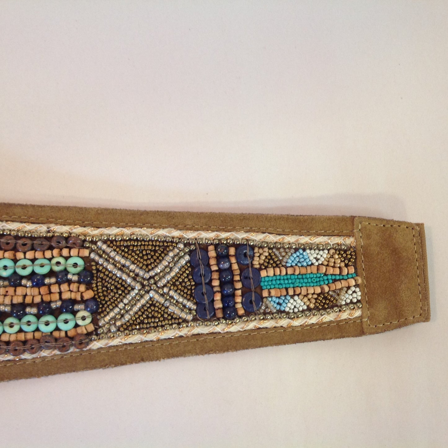 Chico's Women's Large Leather and Polyester Tan Stretch Belt Embroidered Beaded Blues and Browns with Tags 12