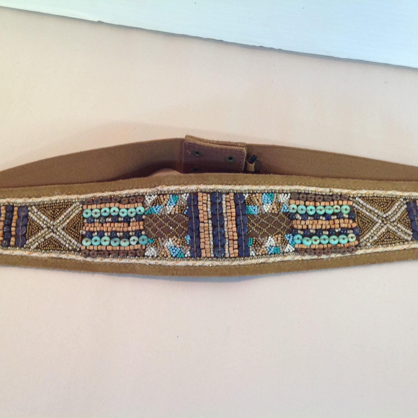 Chico's Women's Large Leather and Polyester Tan Stretch Belt Embroidered Beaded Blues and Browns with Tags 12